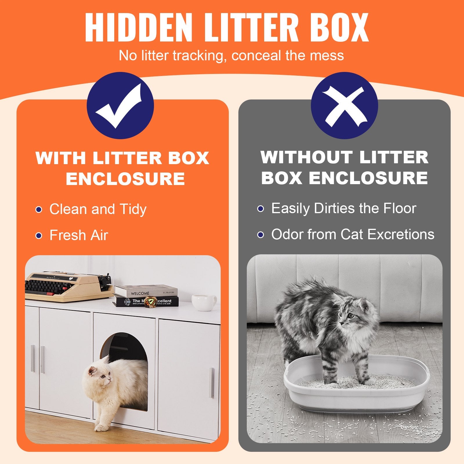Cat Litter: VEVOR Cat Litter Box Enclosure Wooden Litter Box Furniture Hidden 57.9" White