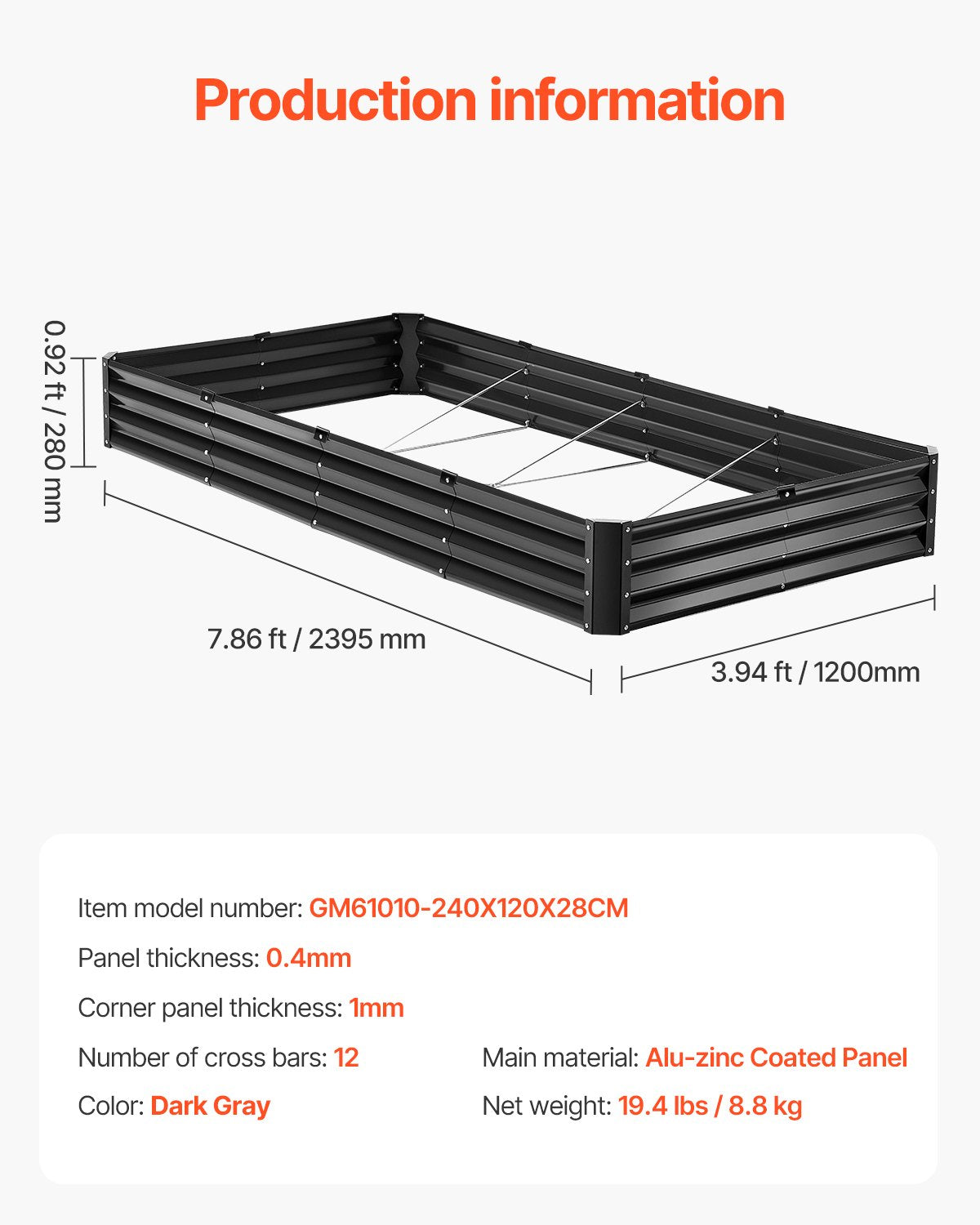 Garden Ornaments: VEVOR Metal Raised Garden Bed, 8 x 4 x 1 ft Outdoor Galvanized Planter Box, with Open Bottom, Large Planter Raised Bed for Gardening Vegetables, Flowers, Herbs, and Succulent Plants, Dark Gray
