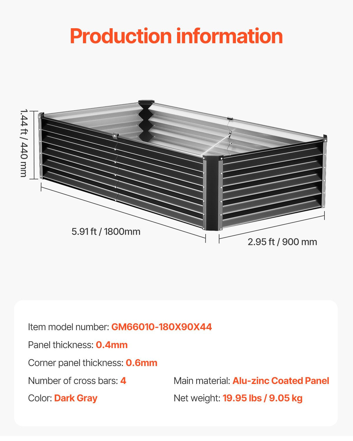 Metal Raised Garden Bed, 6 x 3 x 1.5 ft Outdoor Galvanized Planter Box, with Open Bottom, Large Planter Raised Bed for Gardening Vegetables, Flowers, Herbs, and Succulent Plants, Dark Gray