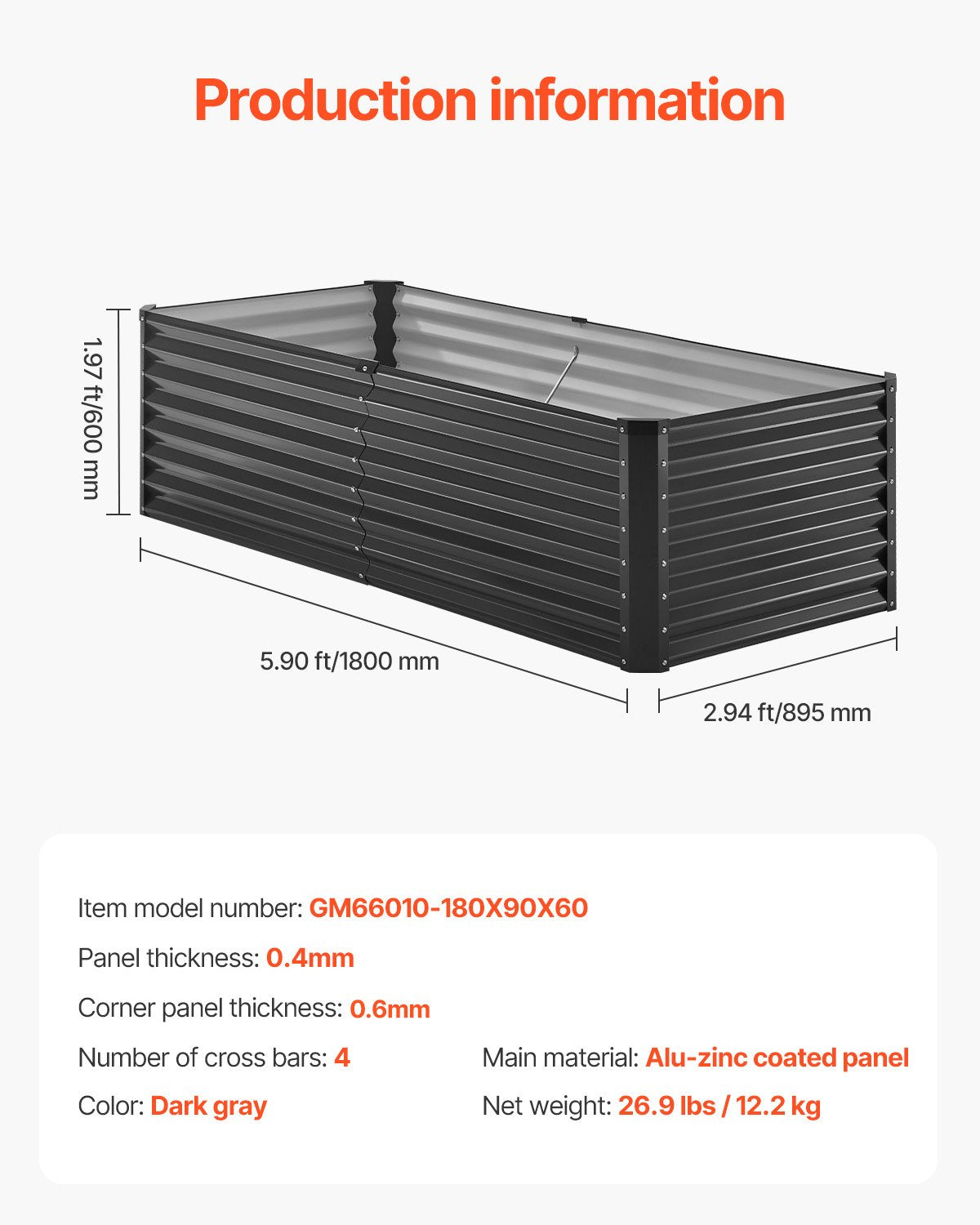 Garden Ornaments: VEVOR Metal Raised Garden Bed, 6 x 3 x 2 ft Outdoor Galvanized Planter Box, with Open Bottom, Large Planter Raised Bed for Gardening Vegetables, Flowers, Herbs, and Succulent Plants, Dark Gray