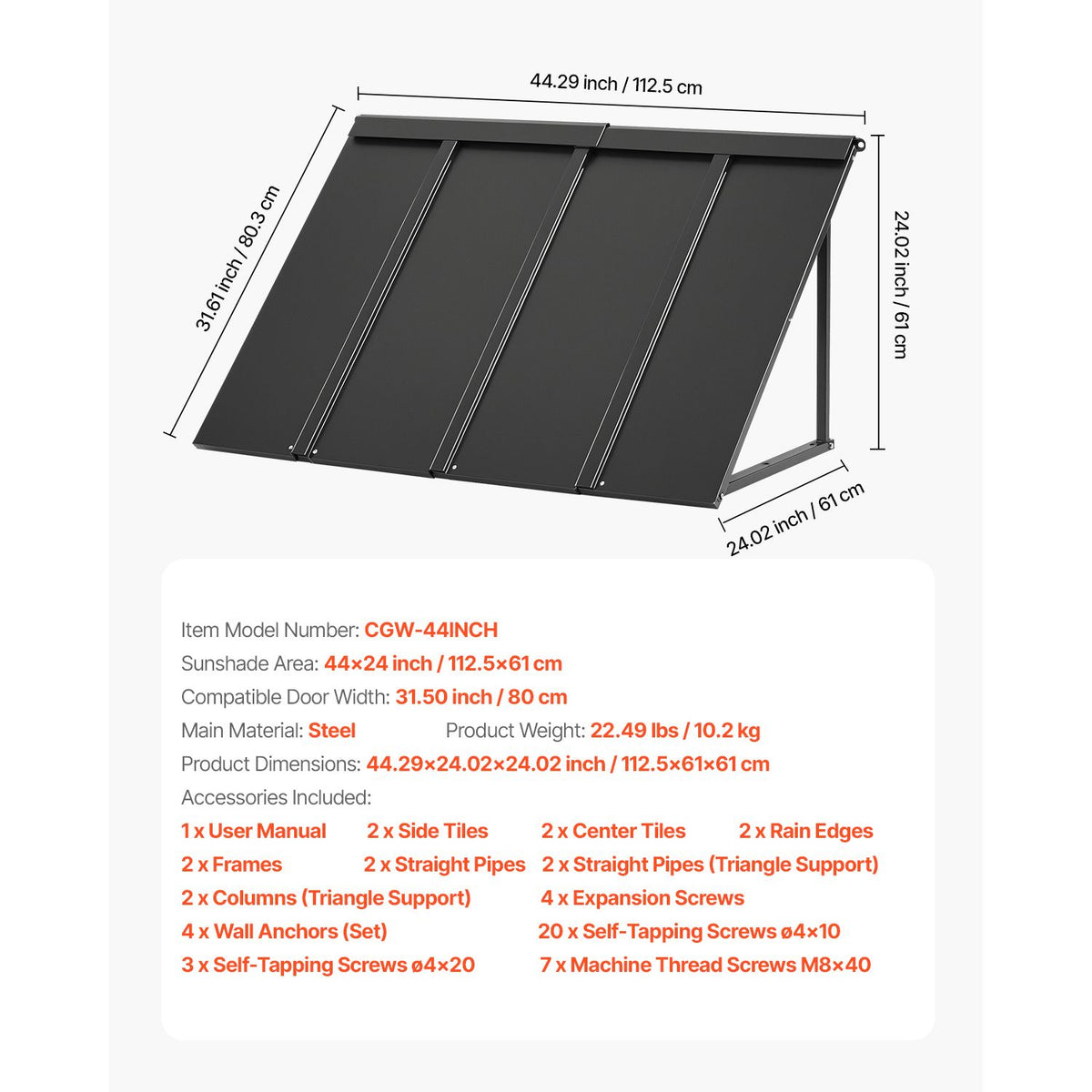 Fixed Metal Awning 1125 × 610 mm, Window Awning Door Canopy, Stable Triangle Steel Frame Awnings for Doors Exterior Rain, and Snow Sunlight Protection for Door Entrance, Windows, Porches, Balconies