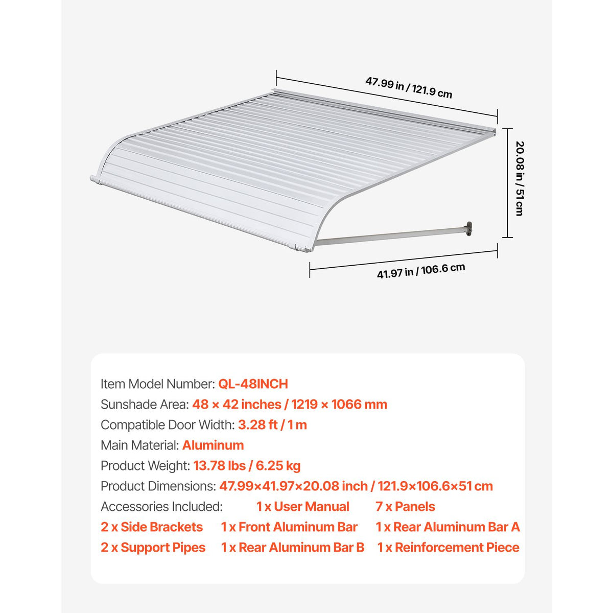 Aluminum Awning 1219 × 1066 mm, Durable Window Awning Door Canopy, Lightweight and Stable Aluminum Exterior Awnings Rain Snow Sunlight Protection for Door Entrance Windows Patio Porch