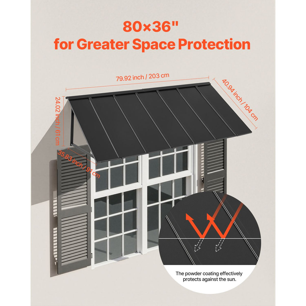 Fixed Metal Awning 2032 × 910 mm, Window Awning Door Canopy, Stable Triangle Steel Frame Exterior Awnings Rain, and Snow Sunlight Protection for Door Entrance, Windows, Porches, Balconies