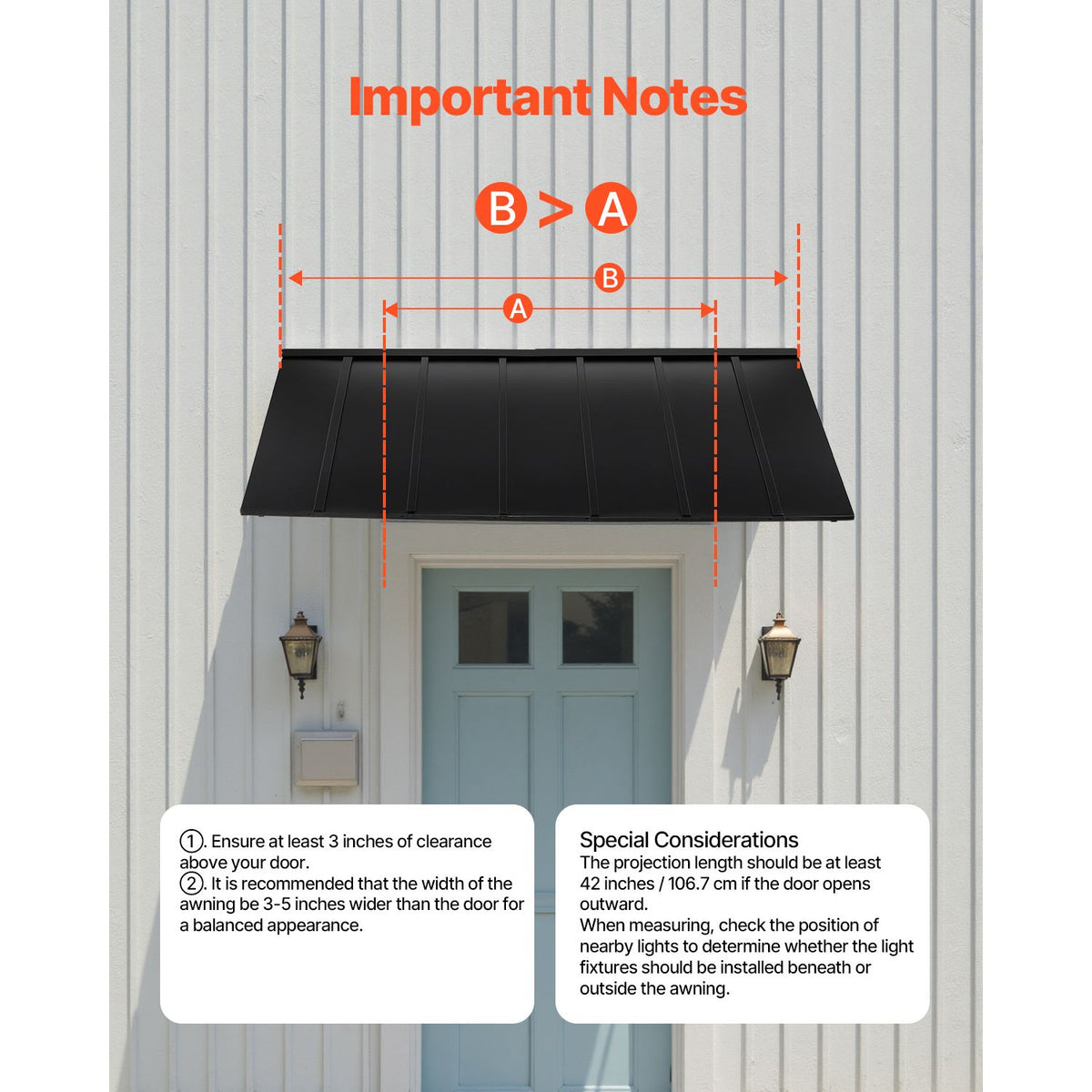 Fixed Metal Awning 2032 × 910 mm, Window Awning Door Canopy, Stable Triangle Steel Frame Exterior Awnings Rain, and Snow Sunlight Protection for Door Entrance, Windows, Porches, Balconies