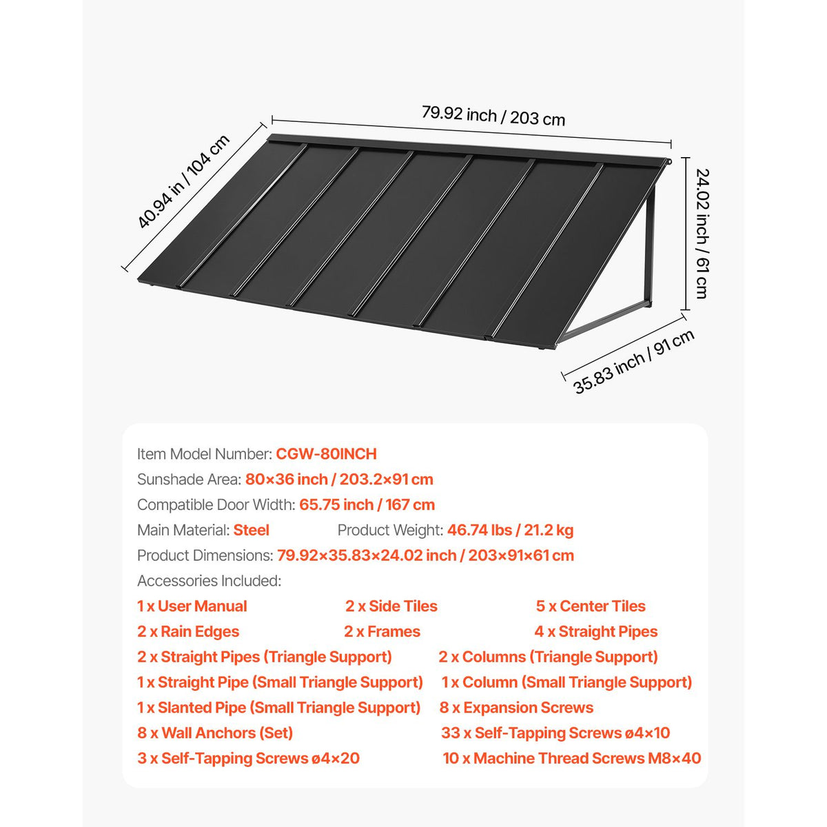 Fixed Metal Awning 2032 × 910 mm, Window Awning Door Canopy, Stable Triangle Steel Frame Exterior Awnings Rain, and Snow Sunlight Protection for Door Entrance, Windows, Porches, Balconies