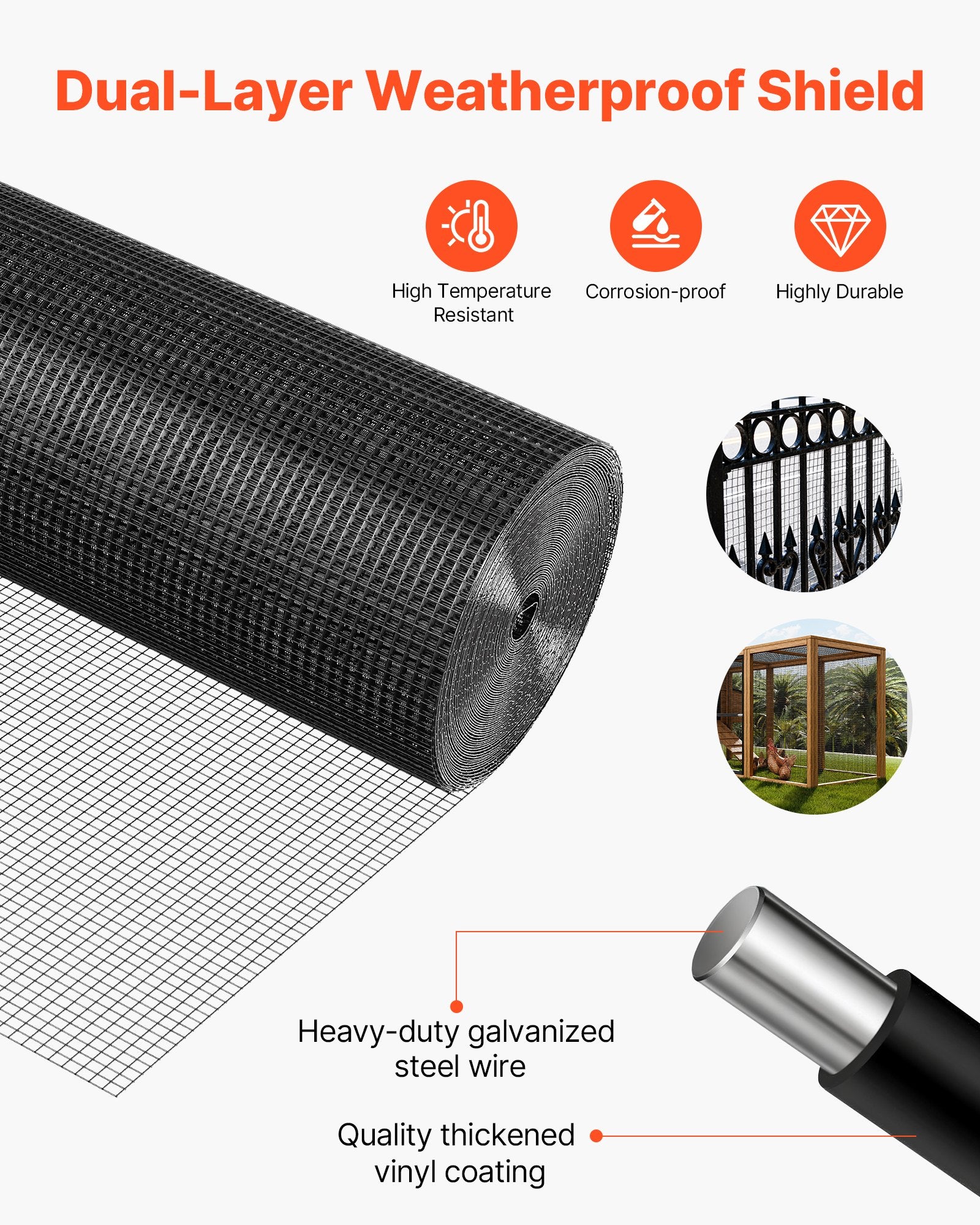 Vases & Table Decor: VEVOR Hardware Cloth 61cm x 15.2m, 1/2 in 19 Gauge Galvanized Wire Mesh Roll, Weather-Resistant Vinyl Coated Chicken Wire Fencing, Heavy Duty Welded Garden Plant Fencing for Rabbit Cage Snake Fence