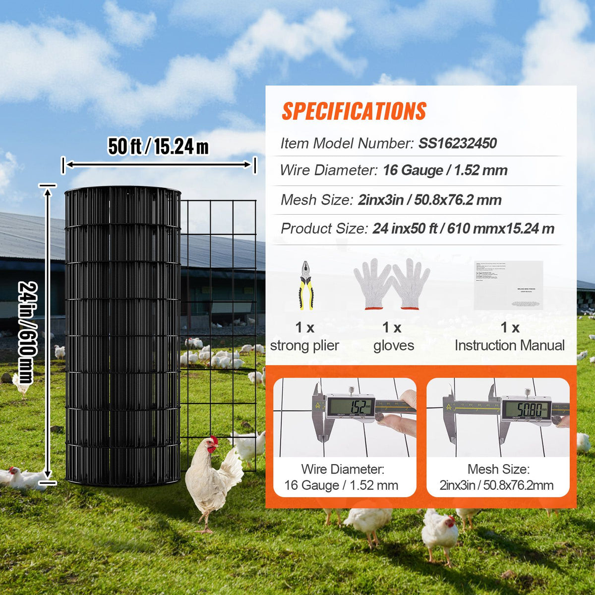 Hardware Cloth, 24'' x 50' Galvanized Wire Mesh Roll, 16 Gauge Chicken Wire Fence Roll, Vinyl Coating Metal Wire Mesh for Chicken Coop Barrier, Rabbit Snake Fences, Poultry Enclosures
