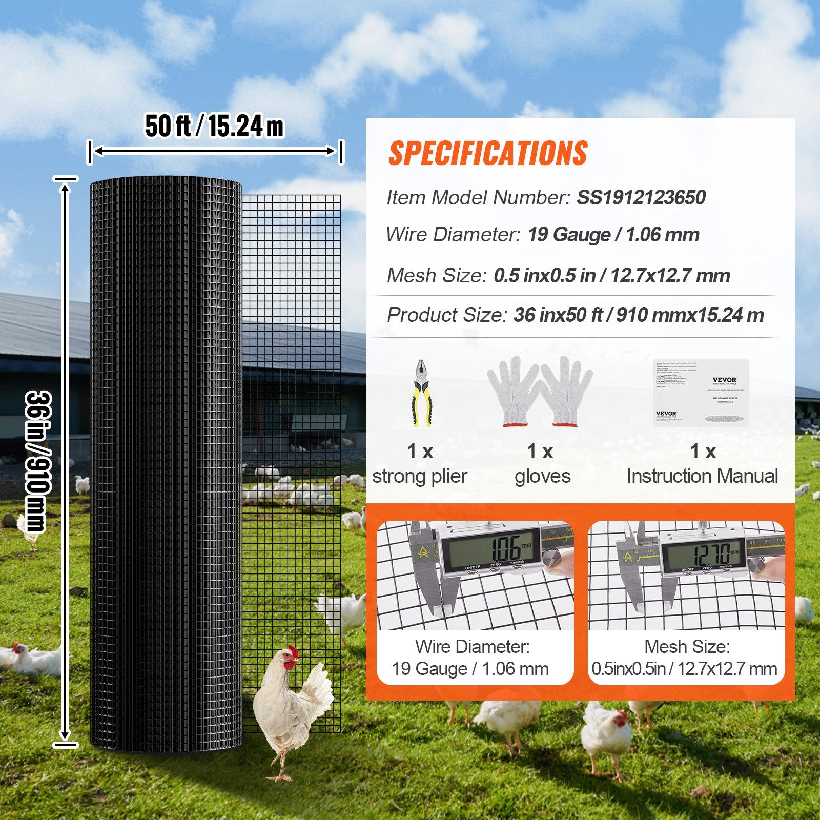 Vases & Table Decor: VEVOR Hardware Cloth, 36'' x 50' Galvanized Wire Mesh Roll, 19 Gauge Chicken Wire Fence Roll, Vinyl Coating Metal Wire Mesh for Chicken Coop Barrier, Rabbit Snake Fences, Poultry Enclosures