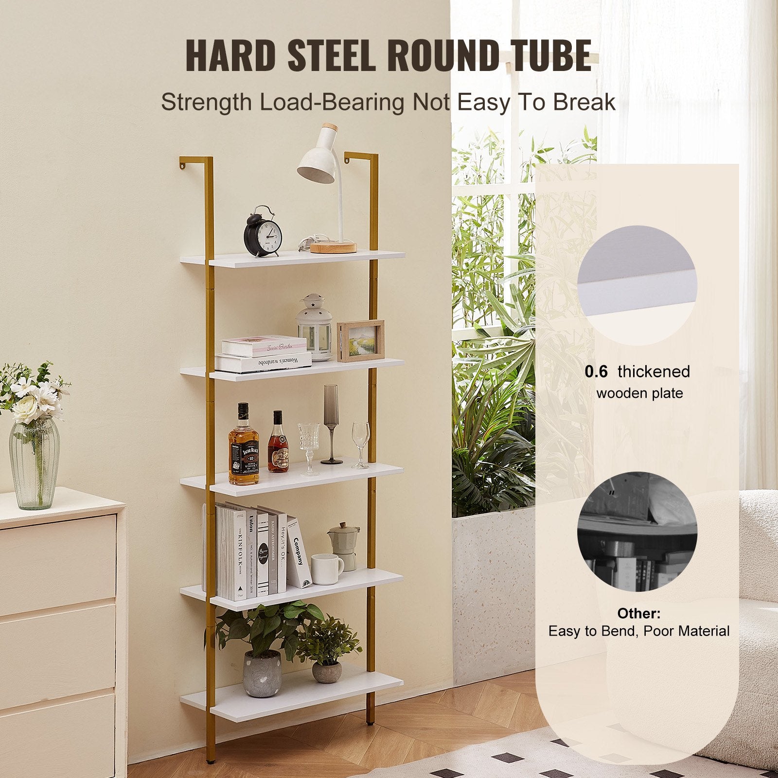 Kitchen & Bathroom DIY: VEVOR Industrial Square Pipe Shelf 5 Tier 64x30x182.5cm Wall-Mount Gold White