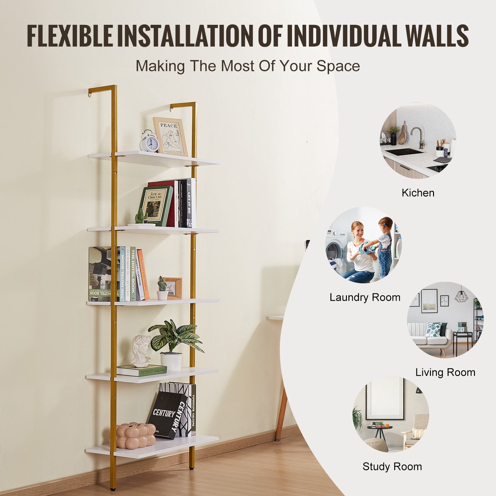 Kitchen & Bathroom DIY: VEVOR Industrial Square Pipe Shelf 5 Tier 64x30x182.5cm Wall-Mount Gold White