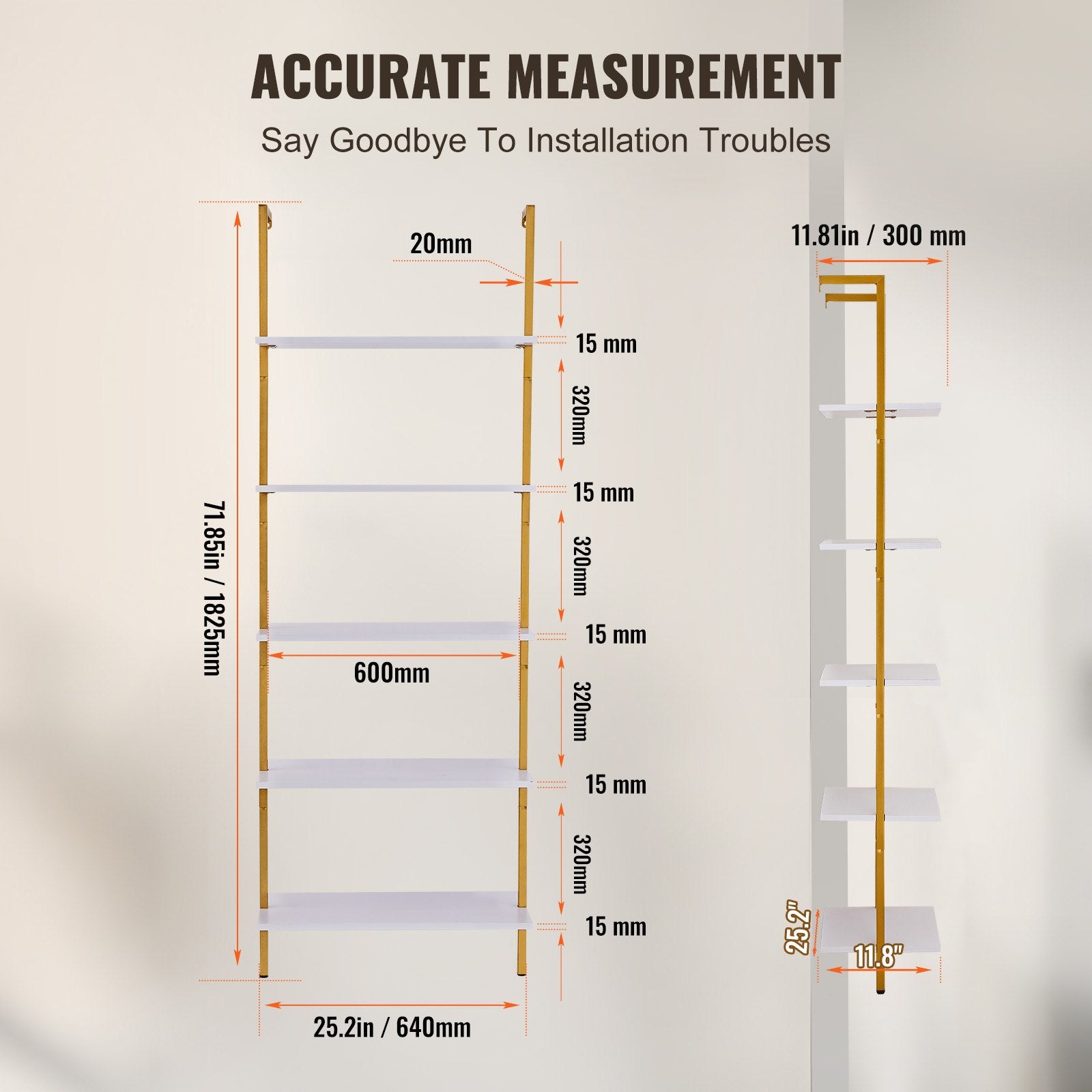 Kitchen & Bathroom DIY: VEVOR Industrial Square Pipe Shelf 5 Tier 64x30x182.5cm Wall-Mount Gold White