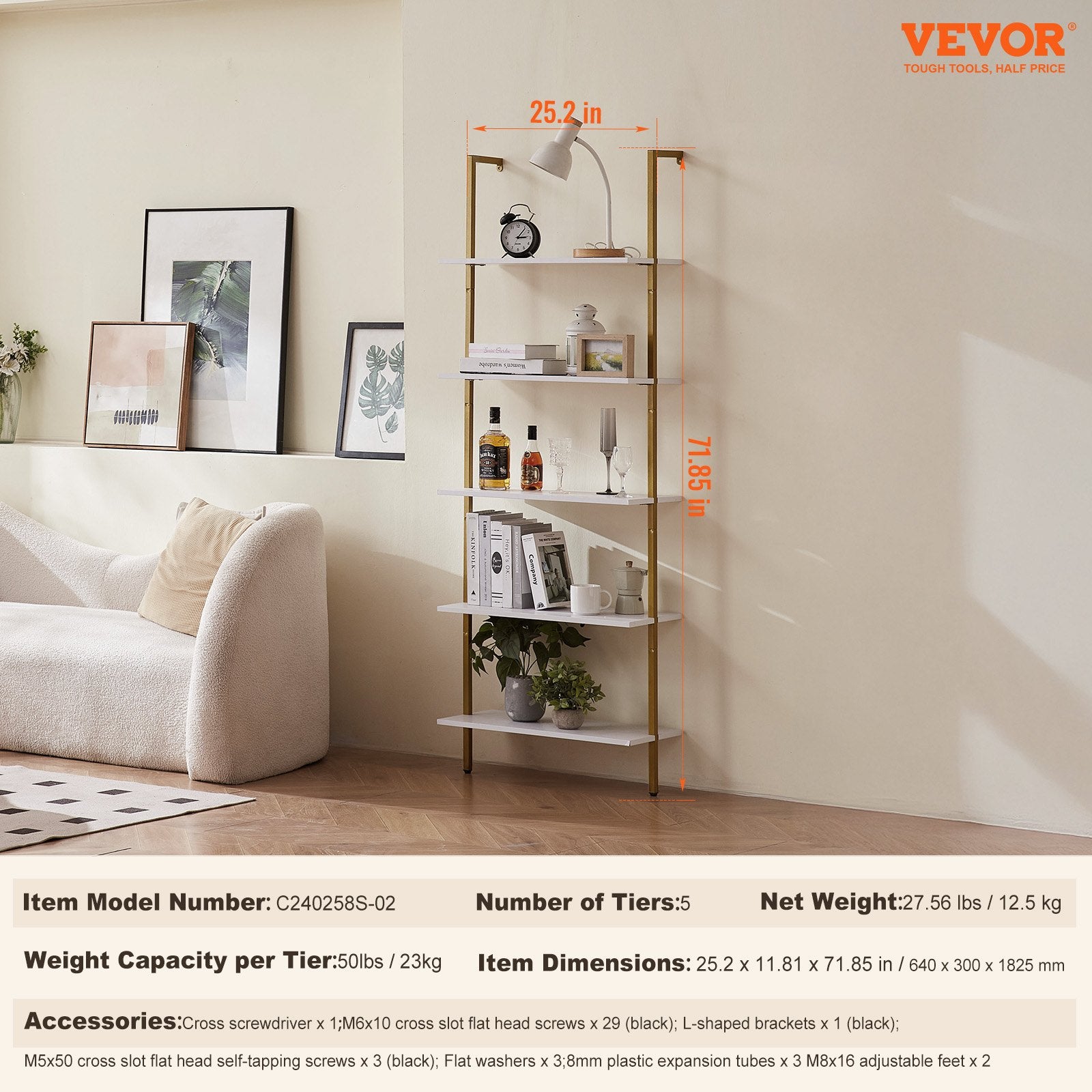 Kitchen & Bathroom DIY: VEVOR Industrial Square Pipe Shelf 5 Tier 64x30x182.5cm Wall-Mount Gold White