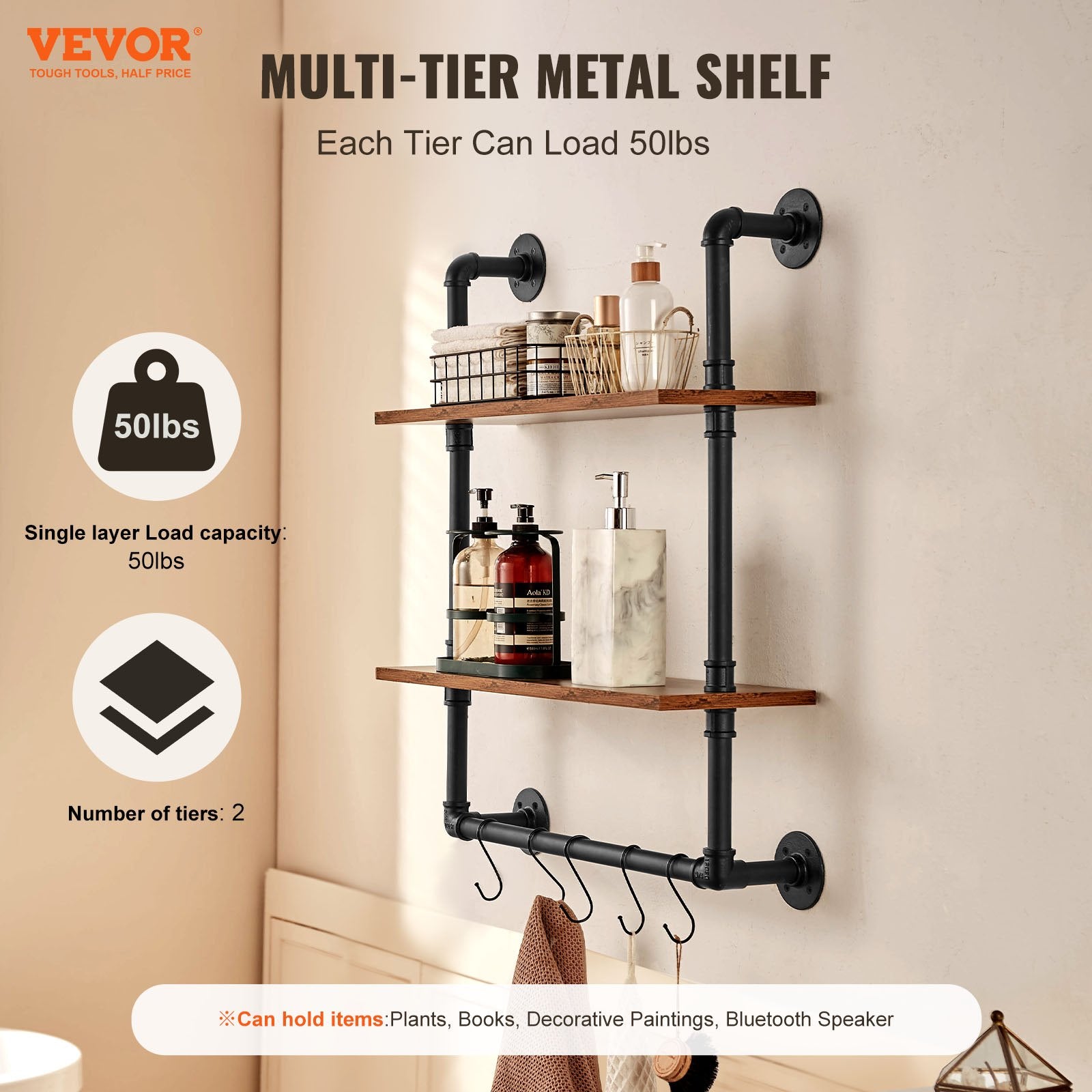 Kitchen & Bathroom DIY: VEVOR Industrial Pipe Shelf 2 Tier 24x7.87in Wall-Mount for Kitchen Bedroom