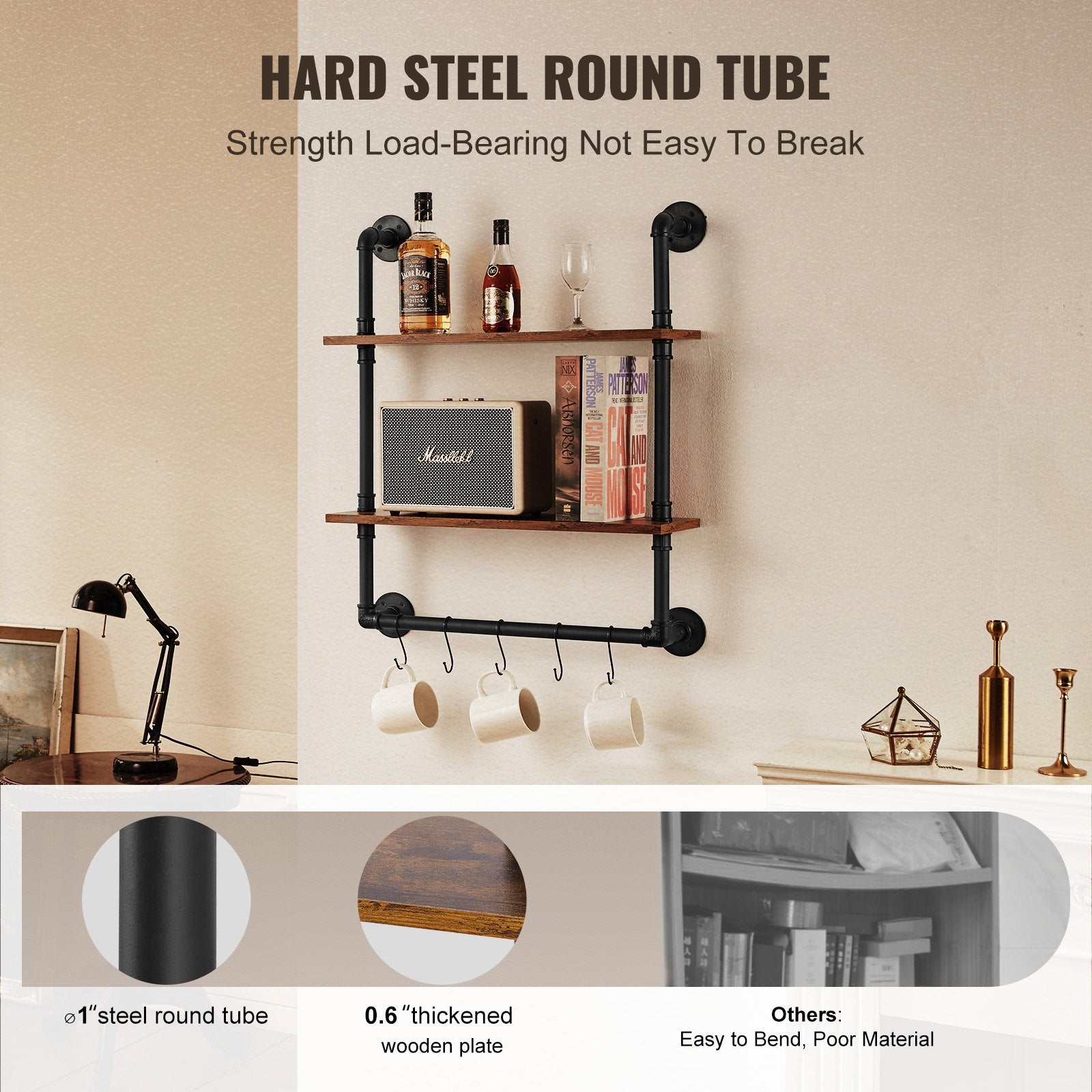 Kitchen & Bathroom DIY: VEVOR Industrial Pipe Shelf 2 Tier 24x7.87in Wall-Mount for Kitchen Bedroom