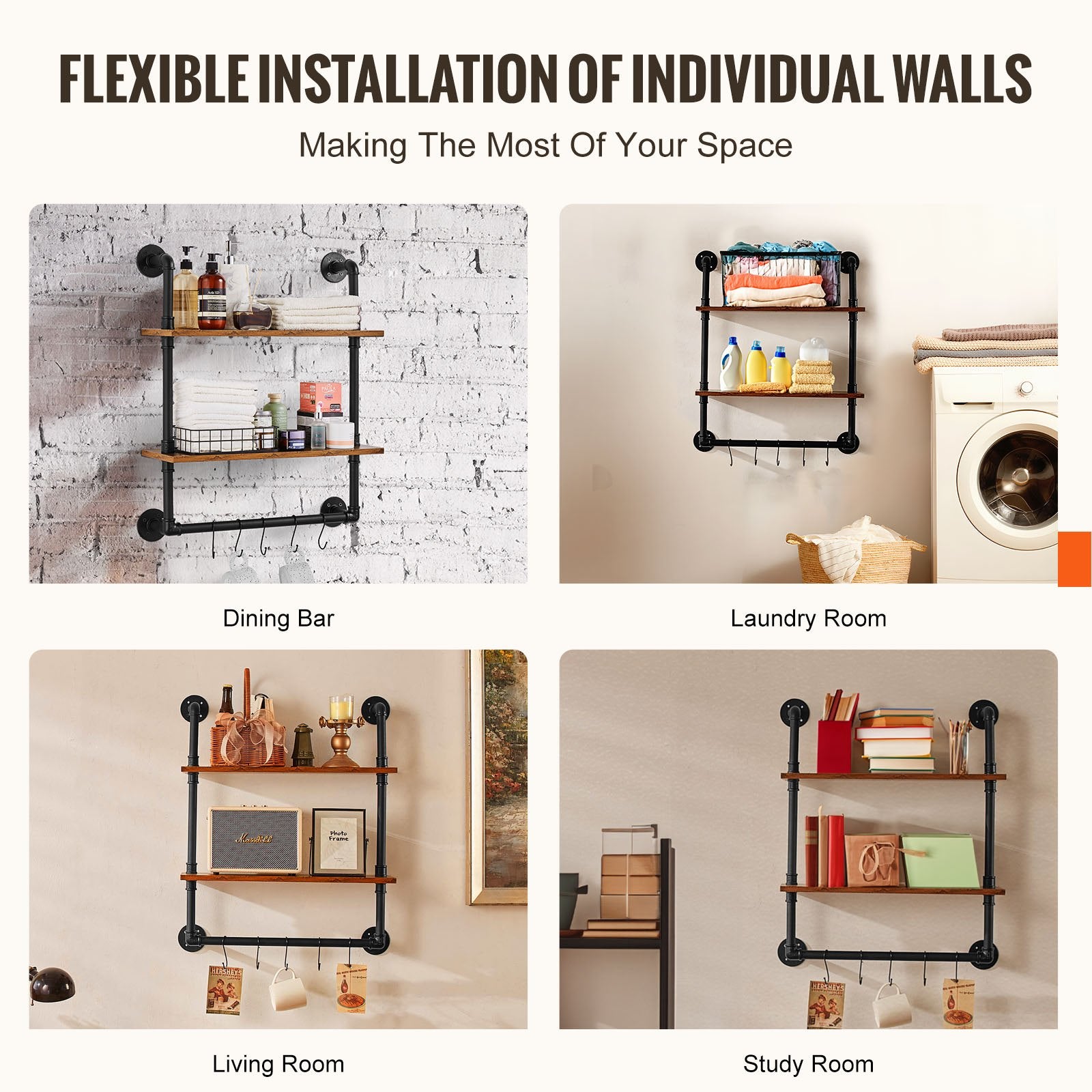 Kitchen & Bathroom DIY: VEVOR Industrial Pipe Shelf 2 Tier 24x7.87in Wall-Mount for Kitchen Bedroom