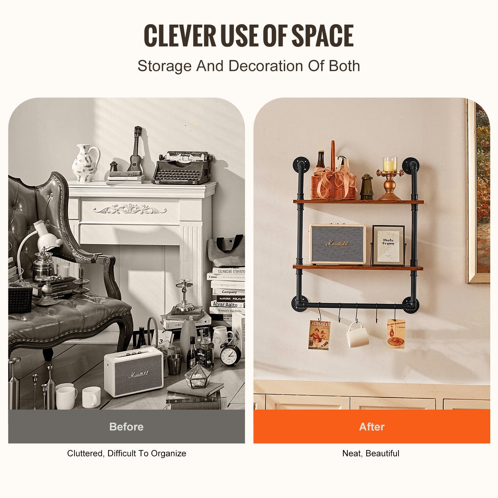 Kitchen & Bathroom DIY: VEVOR Industrial Pipe Shelf 2 Tier 24x7.87in Wall-Mount for Kitchen Bedroom