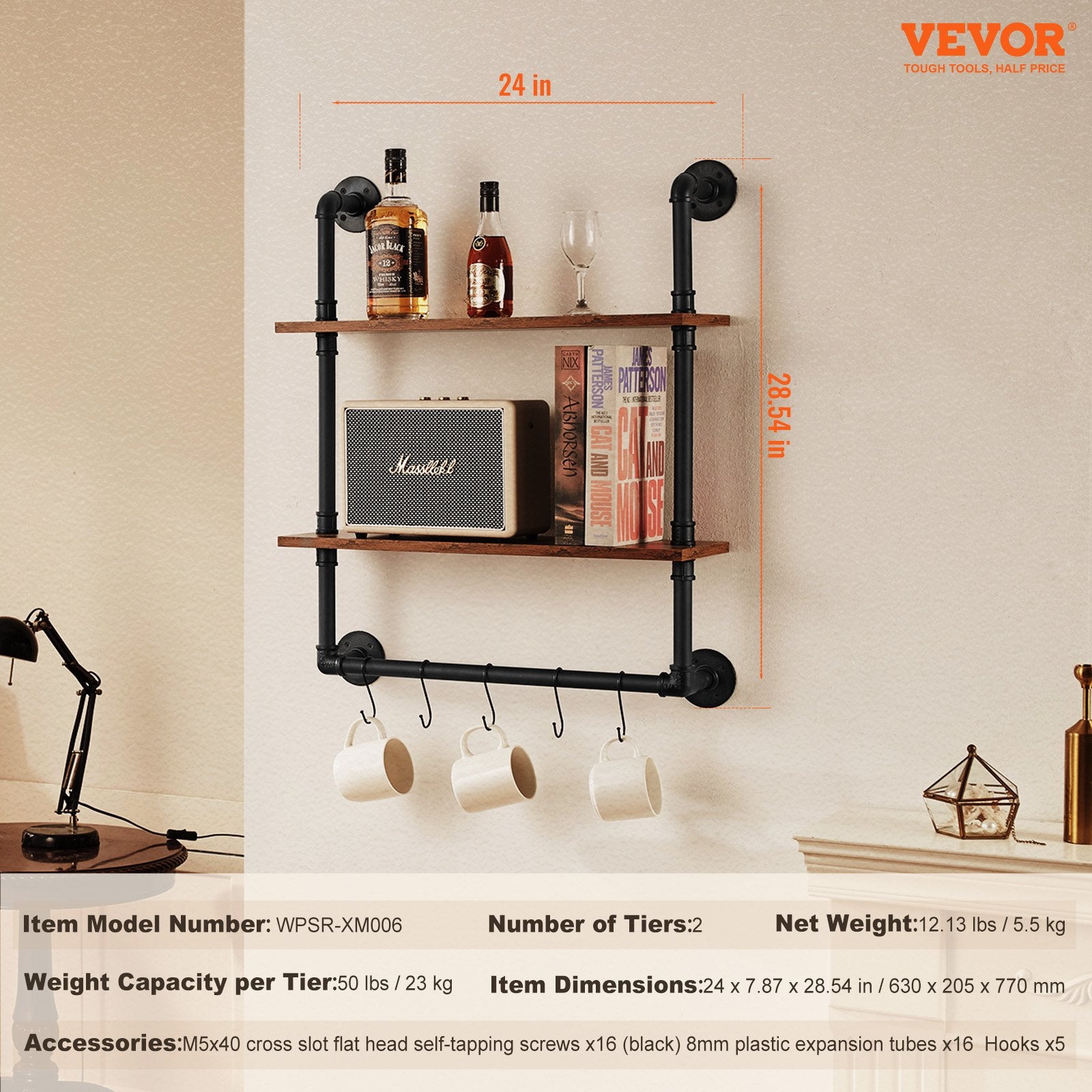 Kitchen & Bathroom DIY: VEVOR Industrial Pipe Shelf 2 Tier 24x7.87in Wall-Mount for Kitchen Bedroom