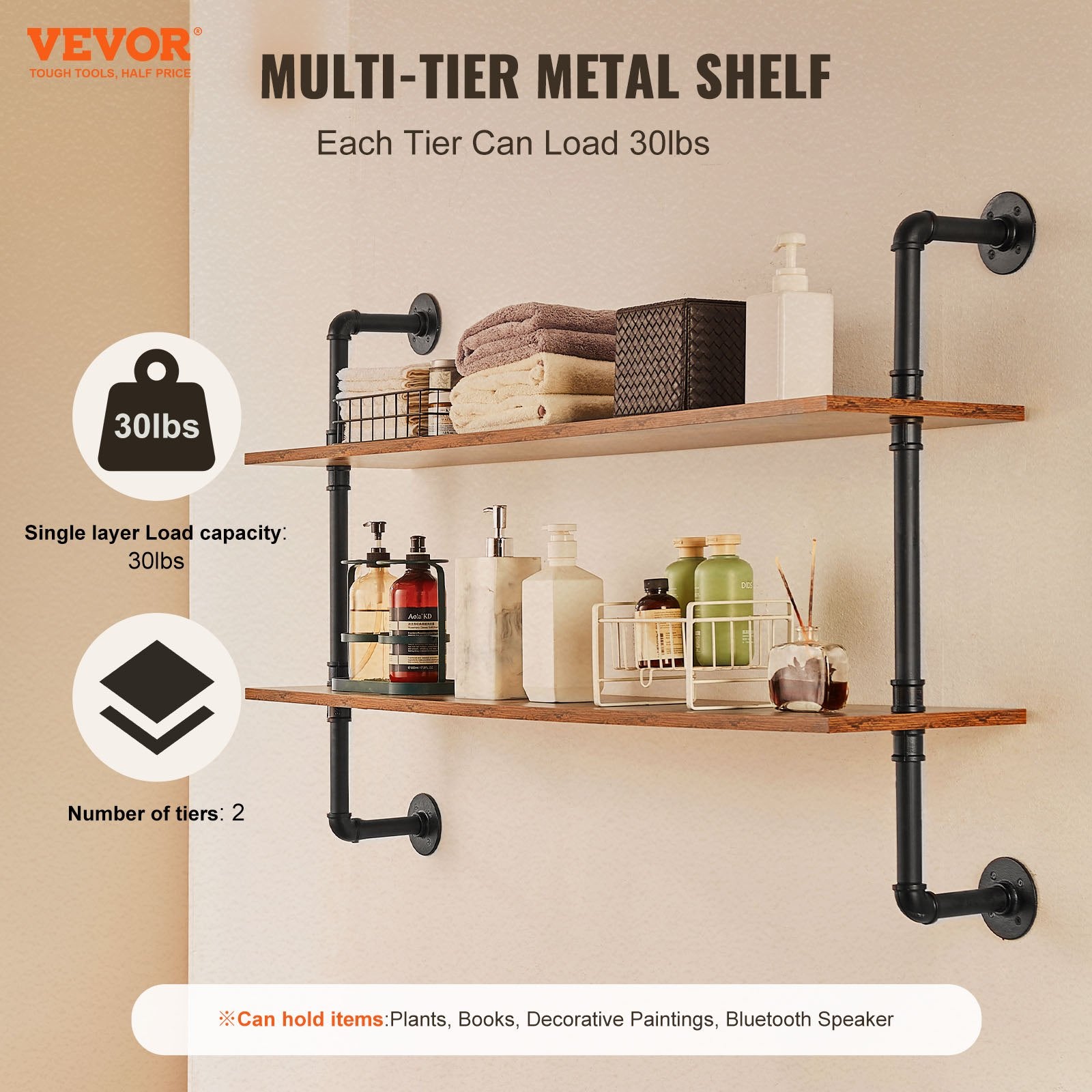 Kitchen & Bathroom DIY: VEVOR Industrial Pipe Shelf 2 Tier 48x 9.84in Wall-Mount for Kitchen Bedroom