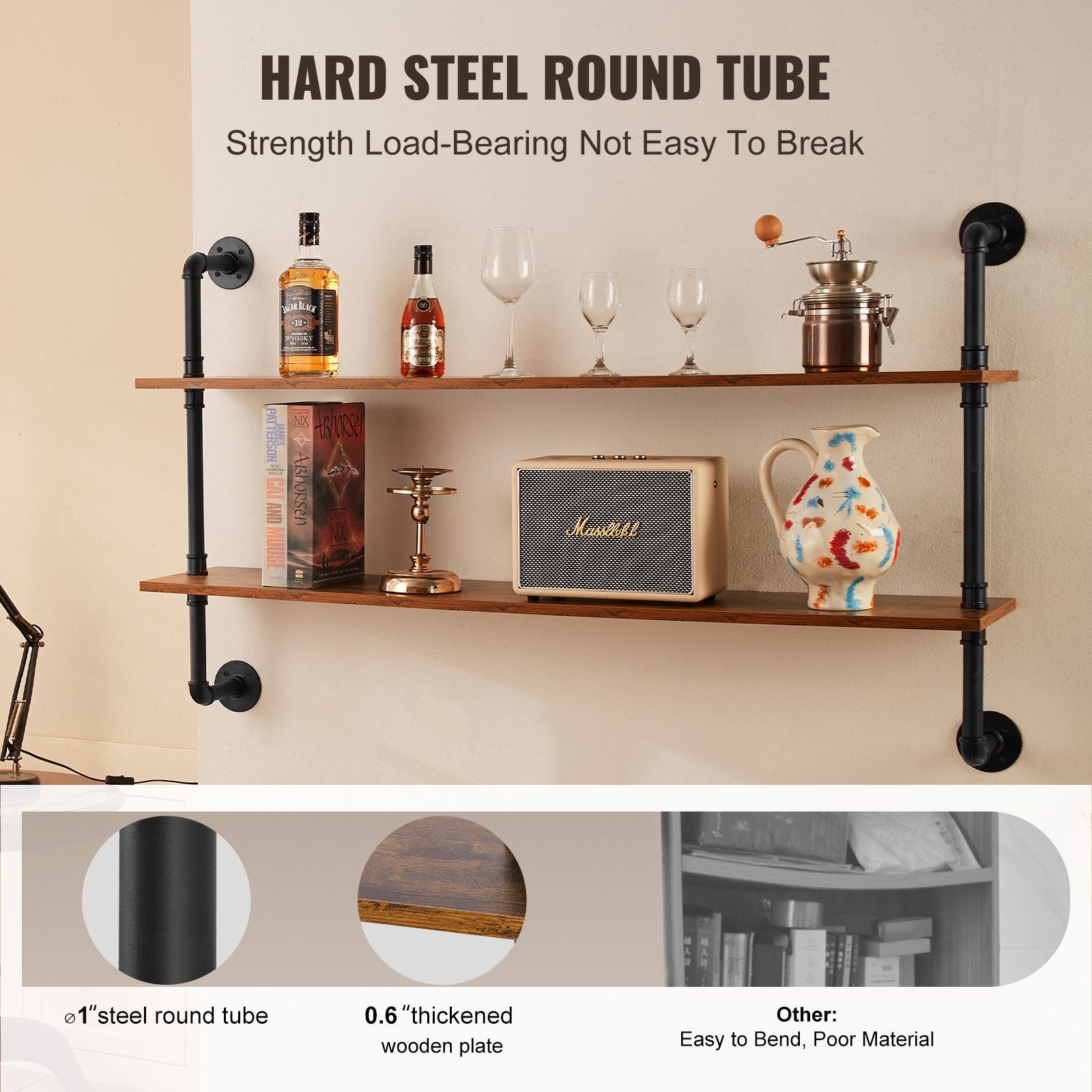 Kitchen & Bathroom DIY: VEVOR Industrial Pipe Shelf 2 Tier 48x 9.84in Wall-Mount for Kitchen Bedroom
