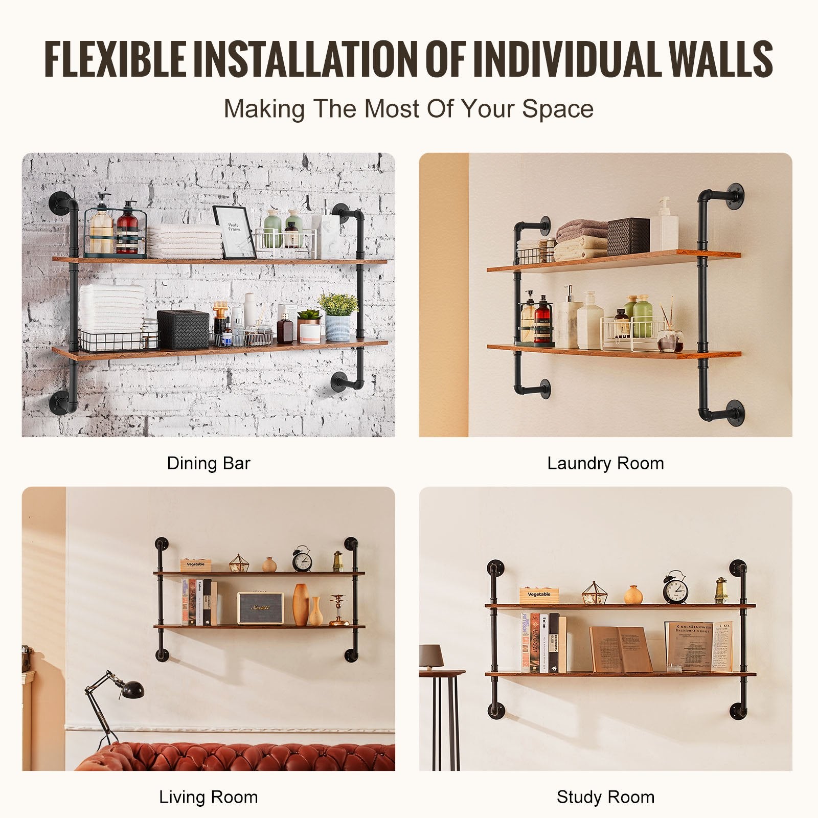 Kitchen & Bathroom DIY: VEVOR Industrial Pipe Shelf 2 Tier 48x 9.84in Wall-Mount for Kitchen Bedroom