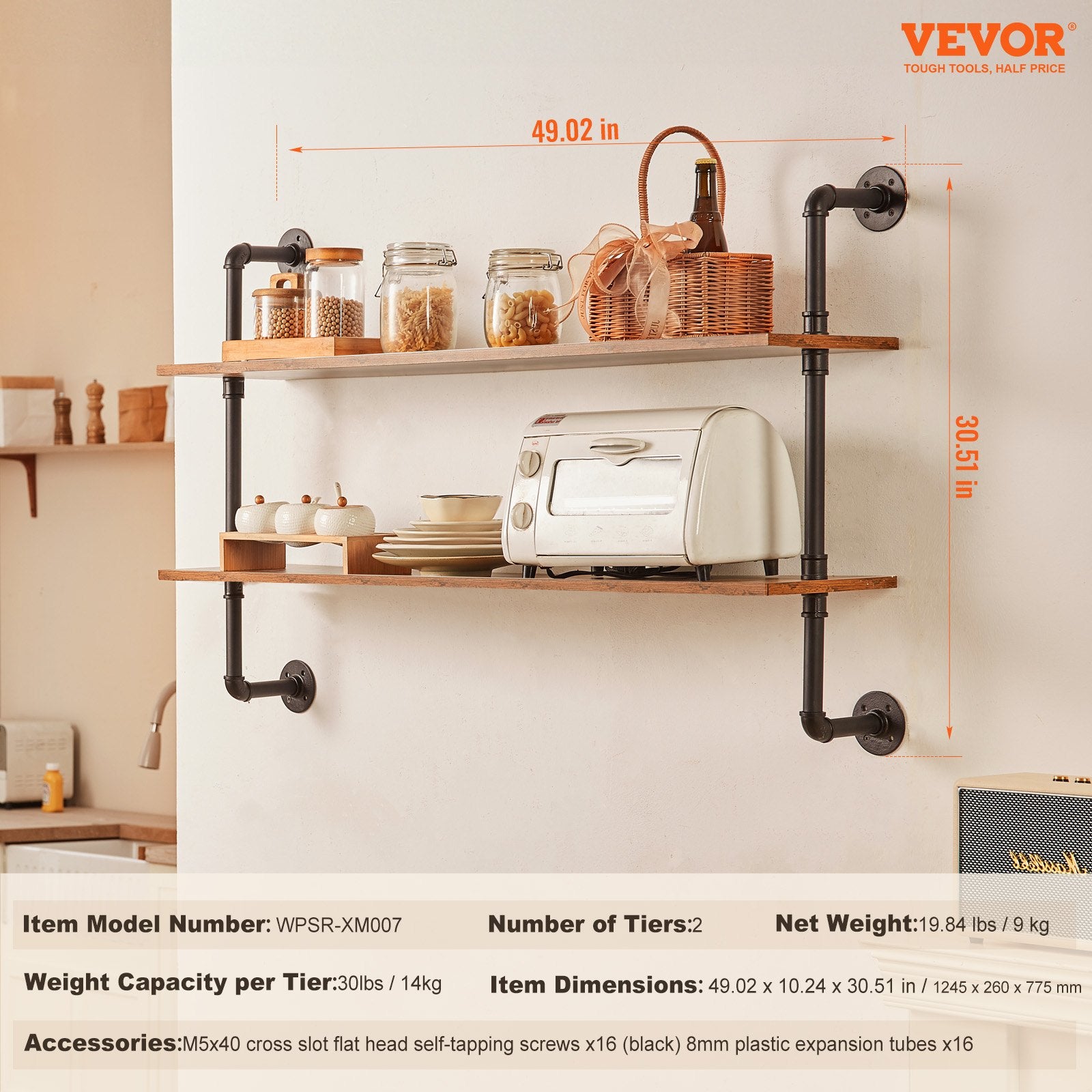Kitchen & Bathroom DIY: VEVOR Industrial Pipe Shelf 2 Tier 48x 9.84in Wall-Mount for Kitchen Bedroom