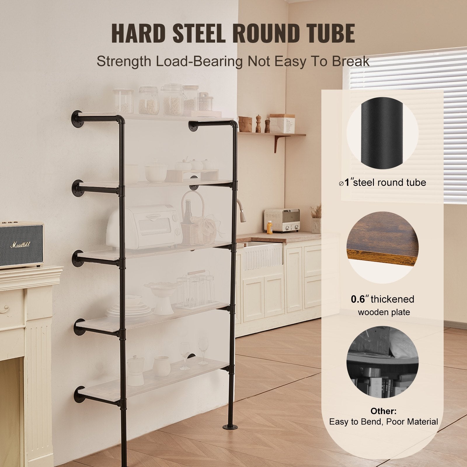 Audio Accessories: VEVOR Industrial Pipe Shelf, 5 Tier 2PCS, 9.84in Applicable Board Width Wall-Mount Floating Rustic Wood Shelves Bracket Bookshelf,Storage Holder for Kitchen Bedroom Bathroom, (Planks NOT Included)