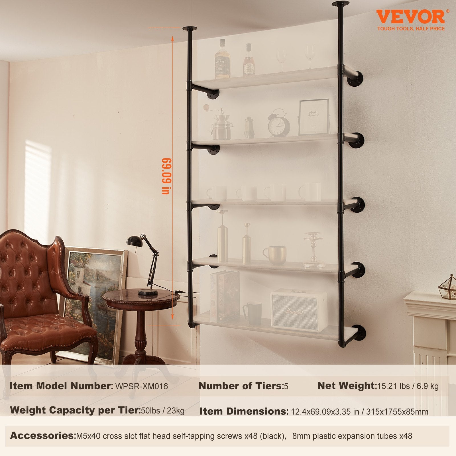 Audio Accessories: VEVOR Industrial Pipe Shelf, 5 Tier 2PCS, 9.84in Applicable Board Width Wall-Mount Floating Rustic Wood Shelves Bracket Bookshelf,Storage Holder for Kitchen Bedroom Bathroom, (Planks NOT Included)