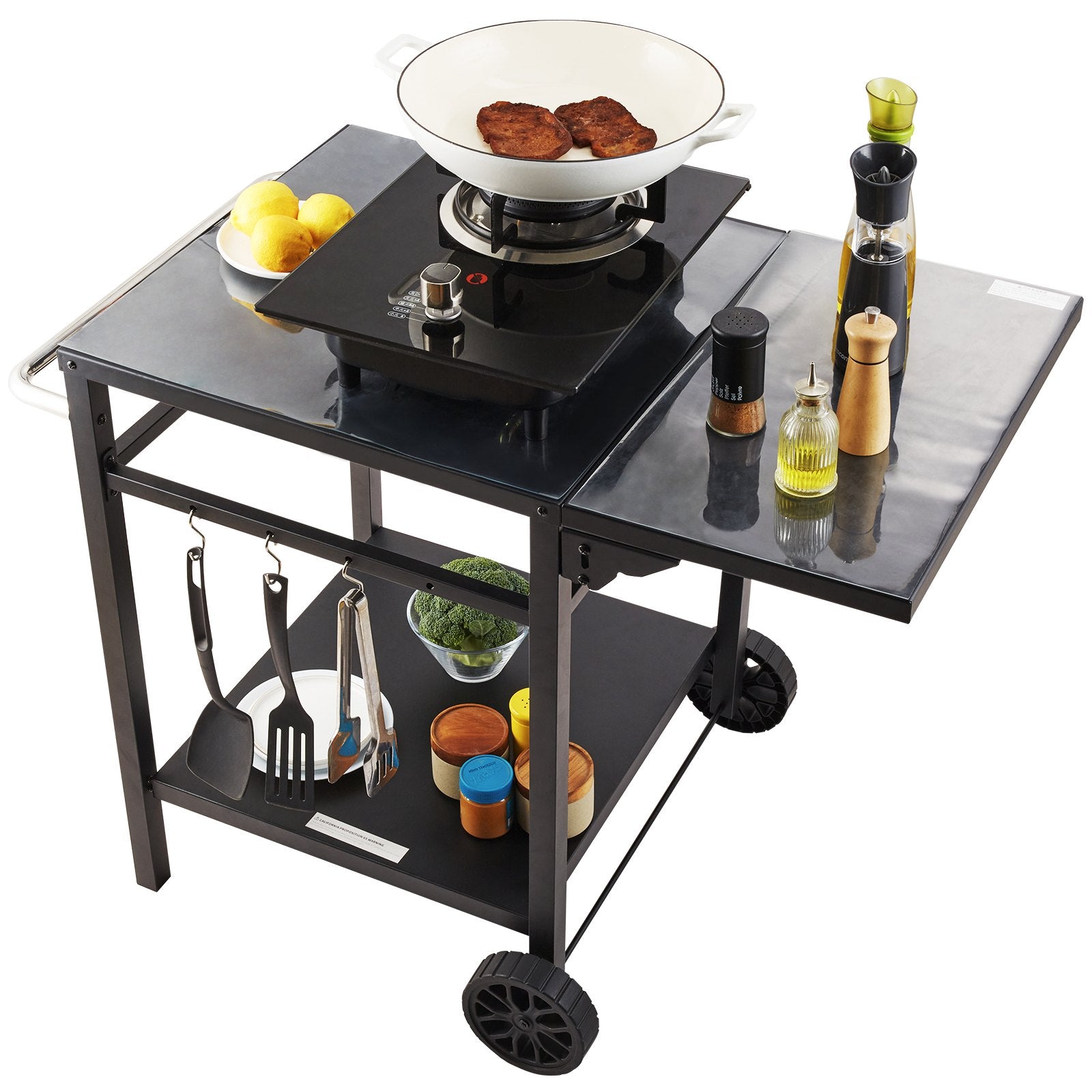 BBQ Tools: VEVOR Outdoor Grill Dining Cart with Double-Shelf, 55*55cm BBQ Movable Food Prep Table, Multifunctional Foldable Iron Table Top, Portable Modular Carts for Pizza Oven, Worktable with 2 Wheels, Carry Handle