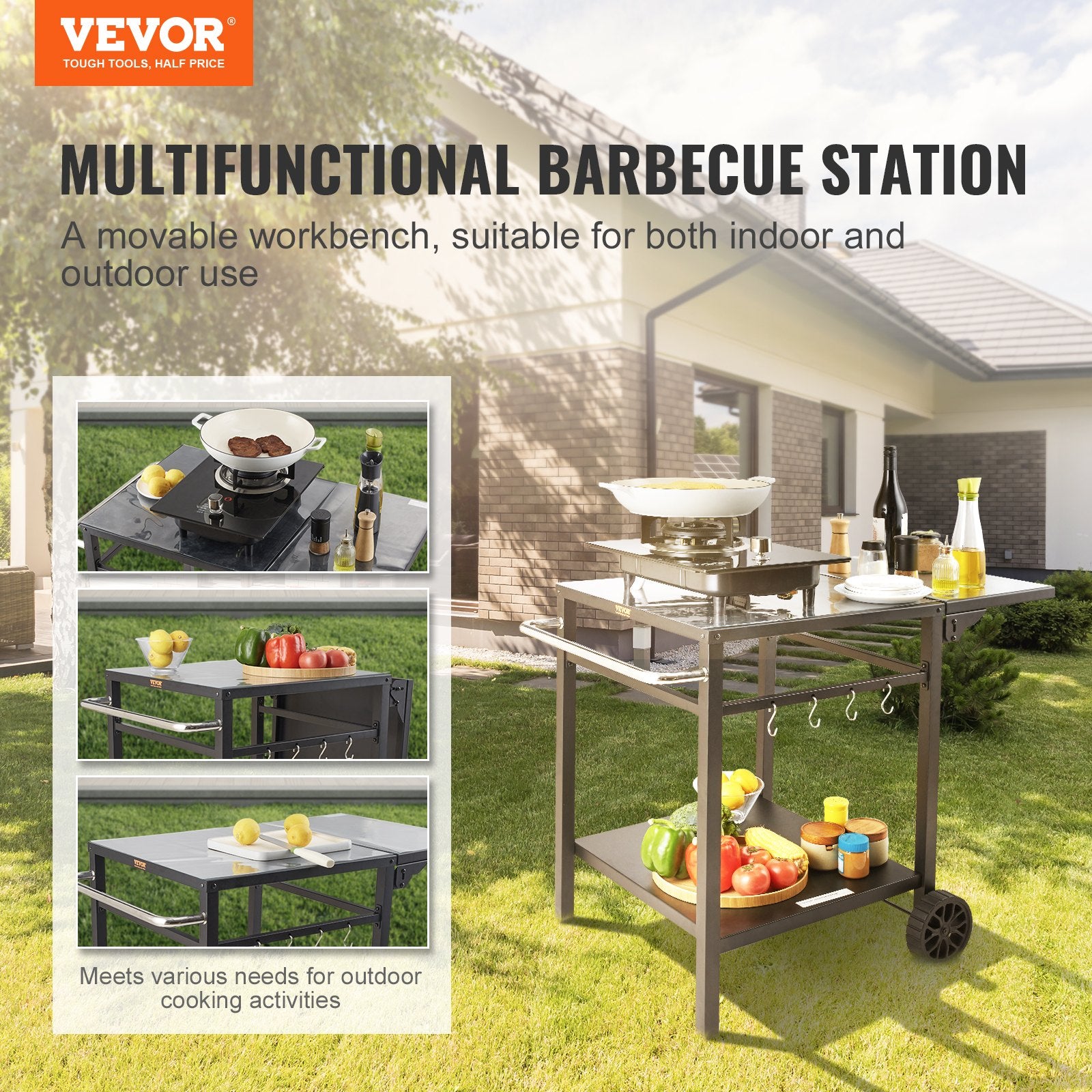 BBQ Tools: VEVOR Outdoor Grill Dining Cart with Double-Shelf, 55*55cm BBQ Movable Food Prep Table, Multifunctional Foldable Iron Table Top, Portable Modular Carts for Pizza Oven, Worktable with 2 Wheels, Carry Handle