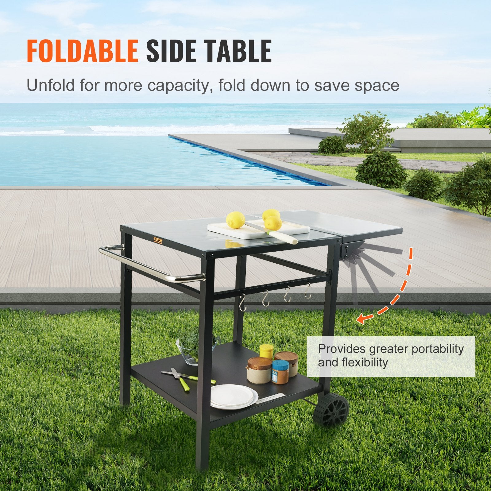 BBQ Tools: VEVOR Outdoor Grill Dining Cart with Double-Shelf, 55*55cm BBQ Movable Food Prep Table, Multifunctional Foldable Iron Table Top, Portable Modular Carts for Pizza Oven, Worktable with 2 Wheels, Carry Handle