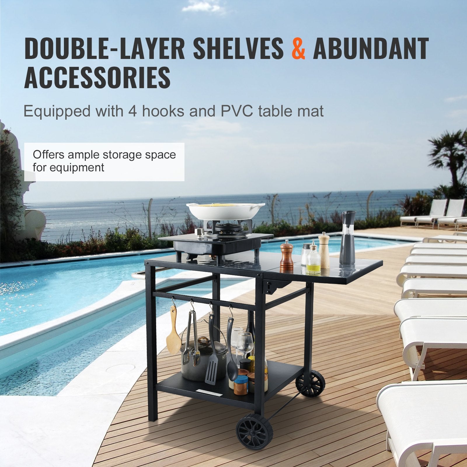 BBQ Tools: VEVOR Outdoor Grill Dining Cart with Double-Shelf, 55*55cm BBQ Movable Food Prep Table, Multifunctional Foldable Iron Table Top, Portable Modular Carts for Pizza Oven, Worktable with 2 Wheels, Carry Handle