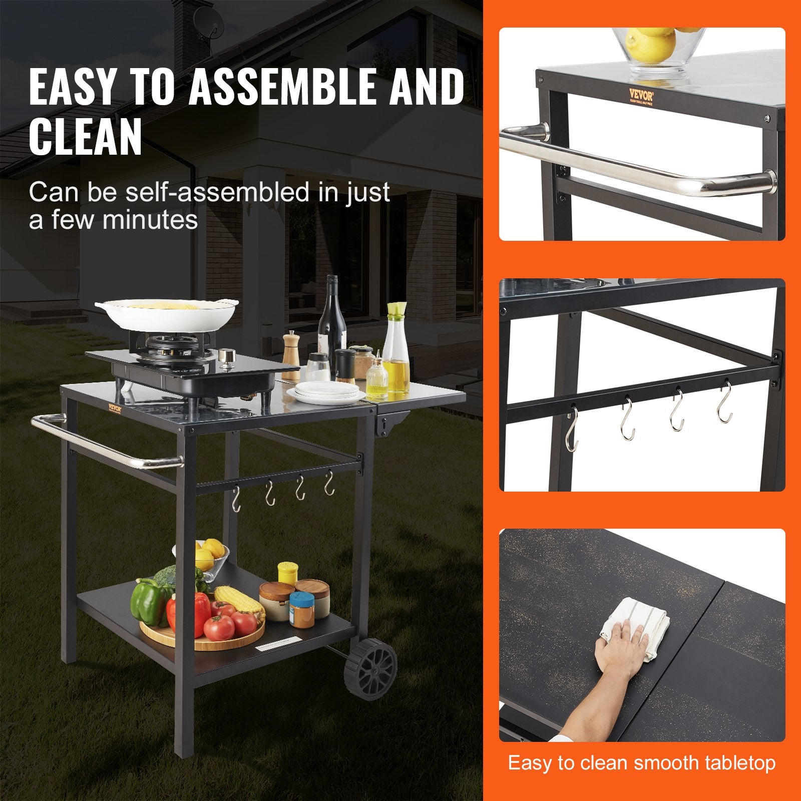 BBQ Tools: VEVOR Outdoor Grill Dining Cart with Double-Shelf, 55*55cm BBQ Movable Food Prep Table, Multifunctional Foldable Iron Table Top, Portable Modular Carts for Pizza Oven, Worktable with 2 Wheels, Carry Handle