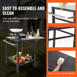 BBQ Tools: VEVOR Outdoor Grill Dining Cart with Double-Shelf, 55*55cm BBQ Movable Food Prep Table, Multifunctional Foldable Iron Table Top, Portable Modular Carts for Pizza Oven, Worktable with 2 Wheels, Carry Handle
