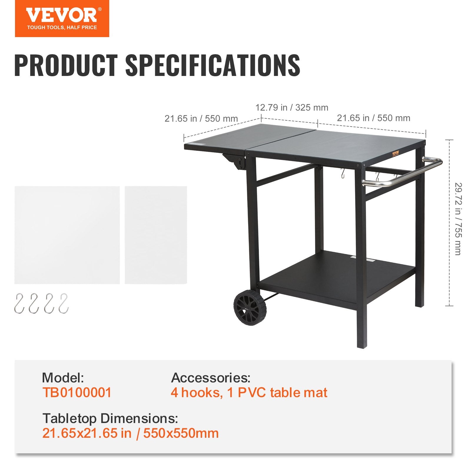 BBQ Tools: VEVOR Outdoor Grill Dining Cart with Double-Shelf, 55*55cm BBQ Movable Food Prep Table, Multifunctional Foldable Iron Table Top, Portable Modular Carts for Pizza Oven, Worktable with 2 Wheels, Carry Handle