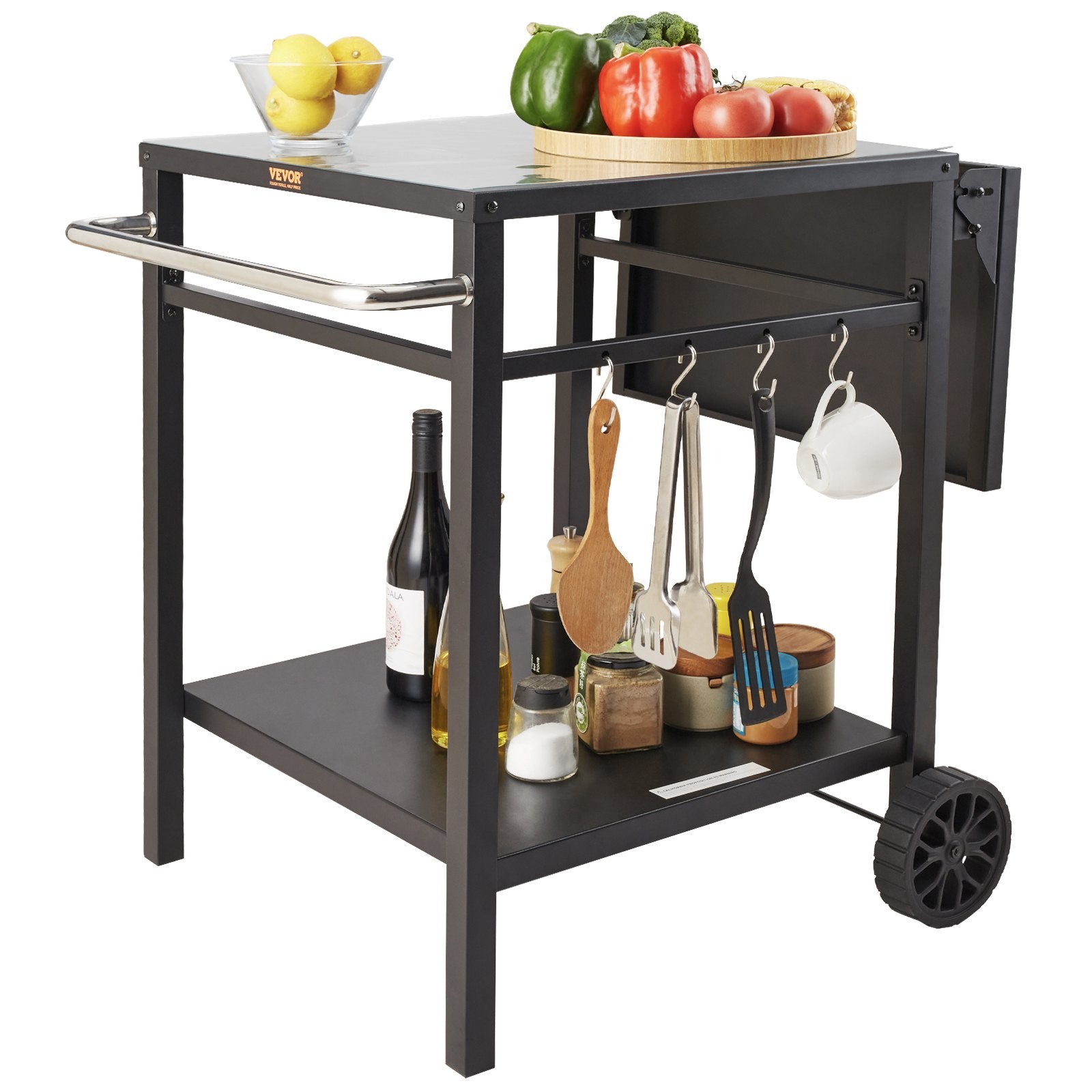 BBQ Tools: VEVOR Outdoor Grill Dining Cart with Double-Shelf, 55*55cm BBQ Movable Food Prep Table, Multifunctional Foldable Iron Table Top, Portable Modular Carts for Pizza Oven, Worktable with 2 Wheels, Carry Handle