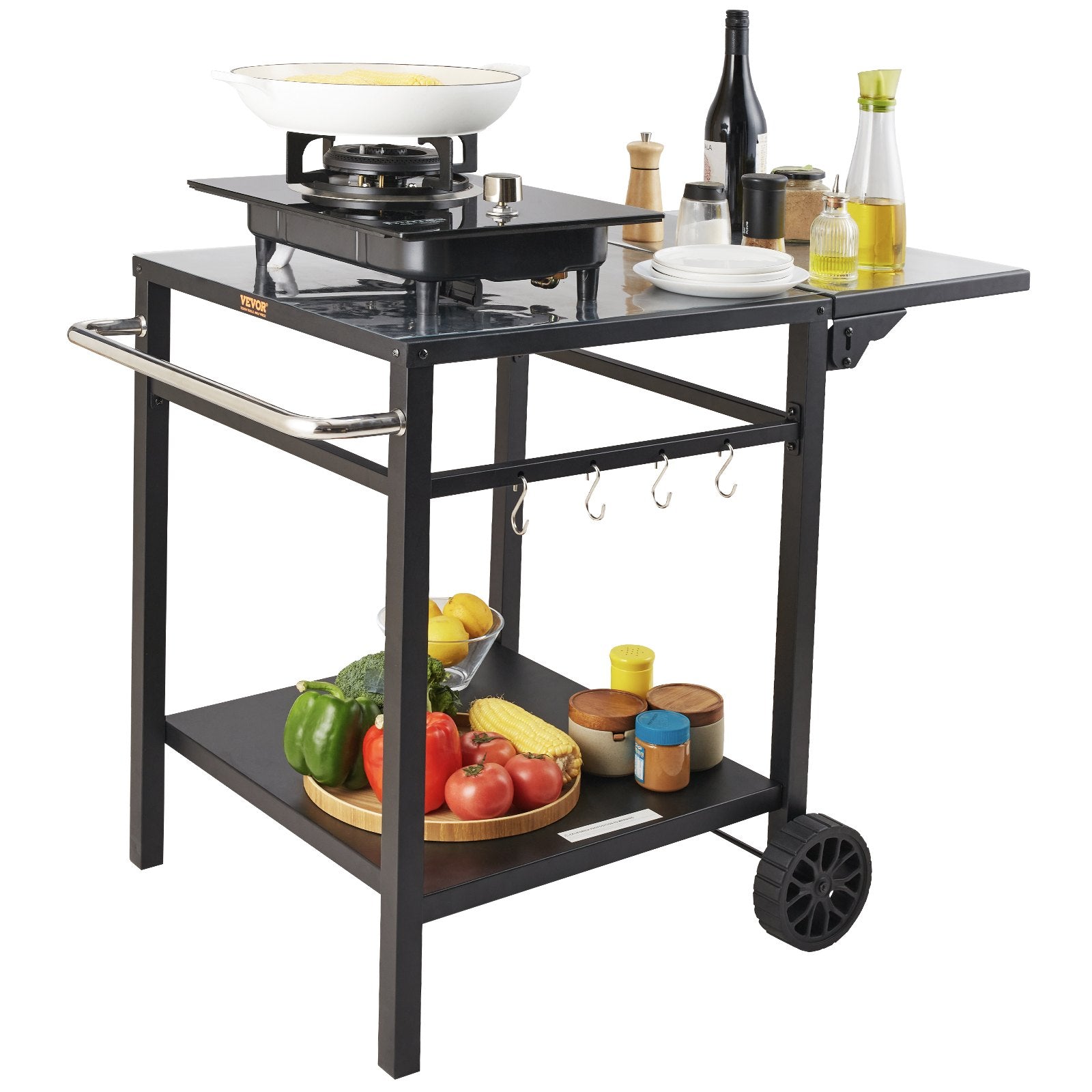 BBQ Tools: VEVOR Outdoor Grill Dining Cart with Double-Shelf, 55*55cm BBQ Movable Food Prep Table, Multifunctional Foldable Iron Table Top, Portable Modular Carts for Pizza Oven, Worktable with 2 Wheels, Carry Handle