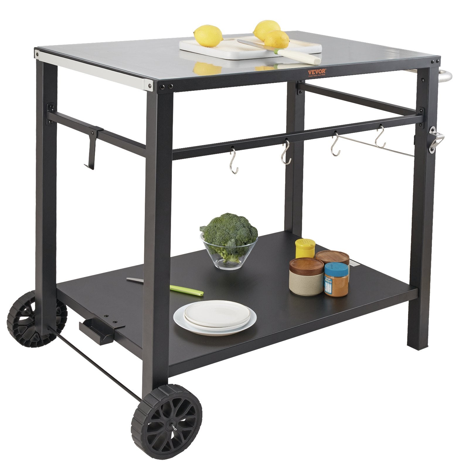 Basketball & Basketball Accessories: VEVOR Outdoor Grill Dining Cart with Double-Shelf,  85*55cm BBQ Movable Food Prep Table, Multifunctional Iron Table Top, Portable Modular Carts for Pizza Oven, Worktable with 2 Wheels, Carry Handle, Black