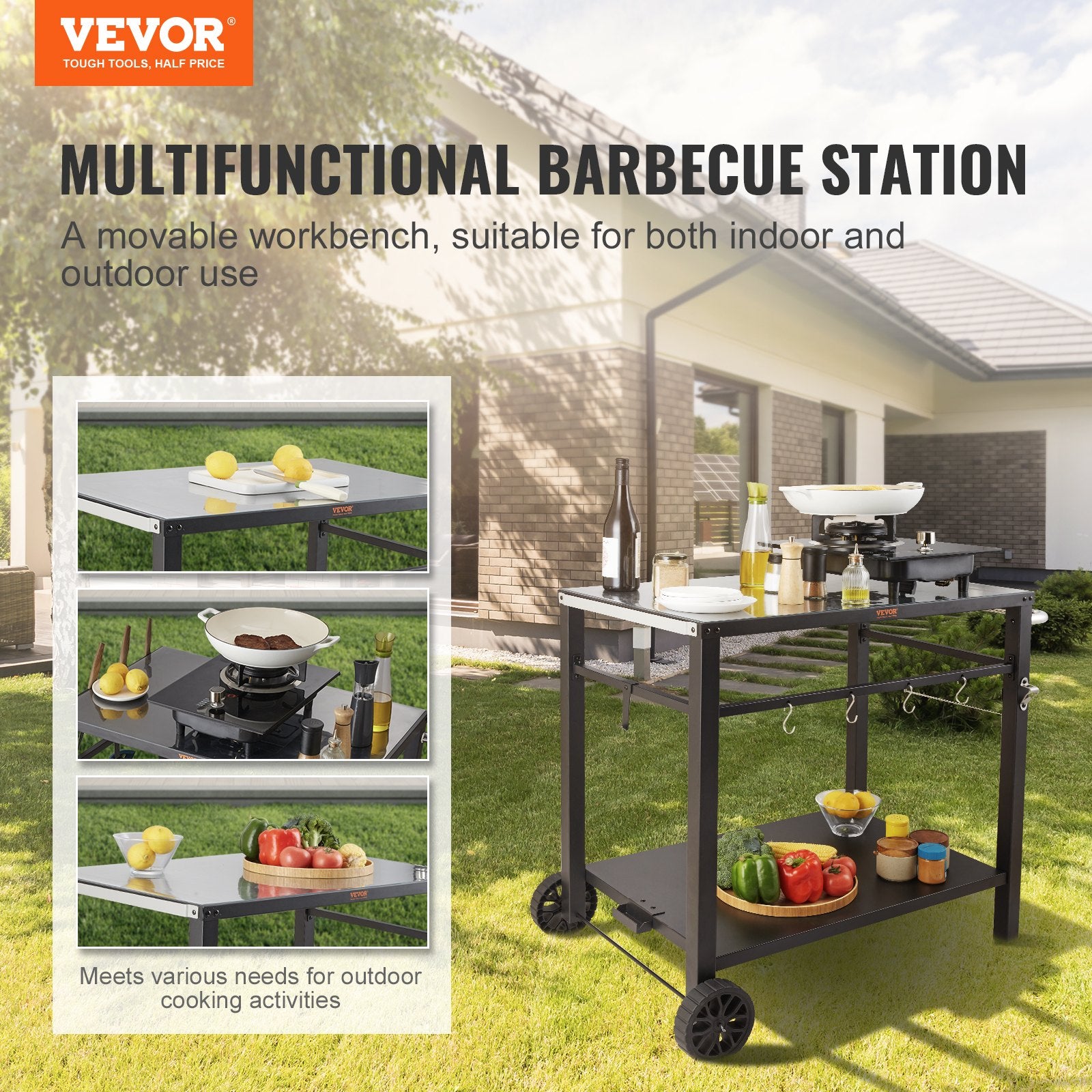 Basketball & Basketball Accessories: VEVOR Outdoor Grill Dining Cart with Double-Shelf,  85*55cm BBQ Movable Food Prep Table, Multifunctional Iron Table Top, Portable Modular Carts for Pizza Oven, Worktable with 2 Wheels, Carry Handle, Black