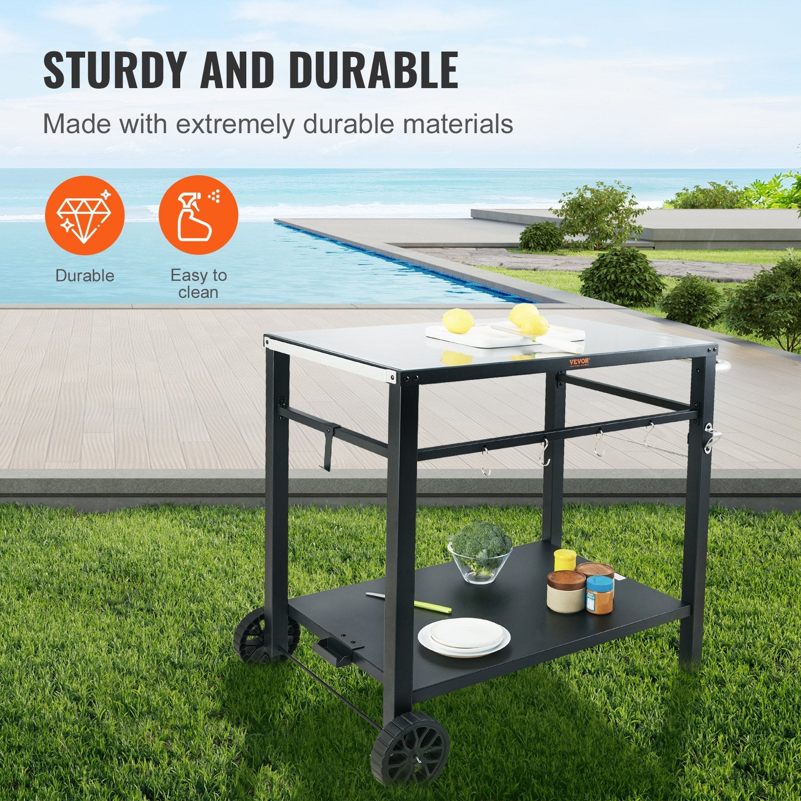 Basketball & Basketball Accessories: VEVOR Outdoor Grill Dining Cart with Double-Shelf,  85*55cm BBQ Movable Food Prep Table, Multifunctional Iron Table Top, Portable Modular Carts for Pizza Oven, Worktable with 2 Wheels, Carry Handle, Black