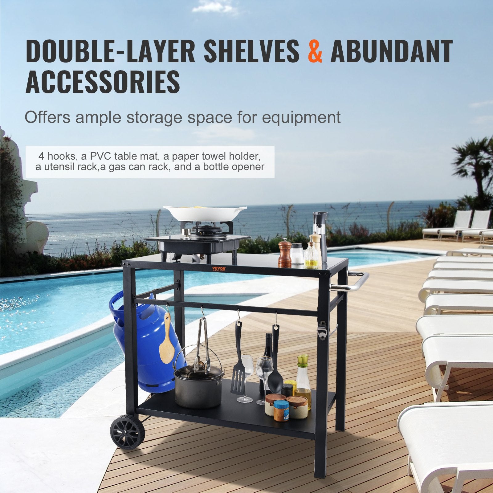 Basketball & Basketball Accessories: VEVOR Outdoor Grill Dining Cart with Double-Shelf,  85*55cm BBQ Movable Food Prep Table, Multifunctional Iron Table Top, Portable Modular Carts for Pizza Oven, Worktable with 2 Wheels, Carry Handle, Black