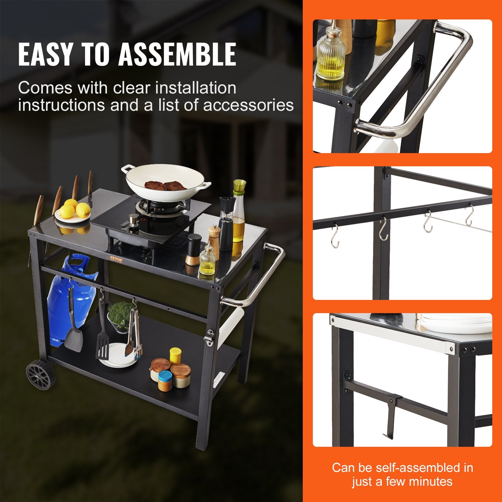 Basketball & Basketball Accessories: VEVOR Outdoor Grill Dining Cart with Double-Shelf,  85*55cm BBQ Movable Food Prep Table, Multifunctional Iron Table Top, Portable Modular Carts for Pizza Oven, Worktable with 2 Wheels, Carry Handle, Black