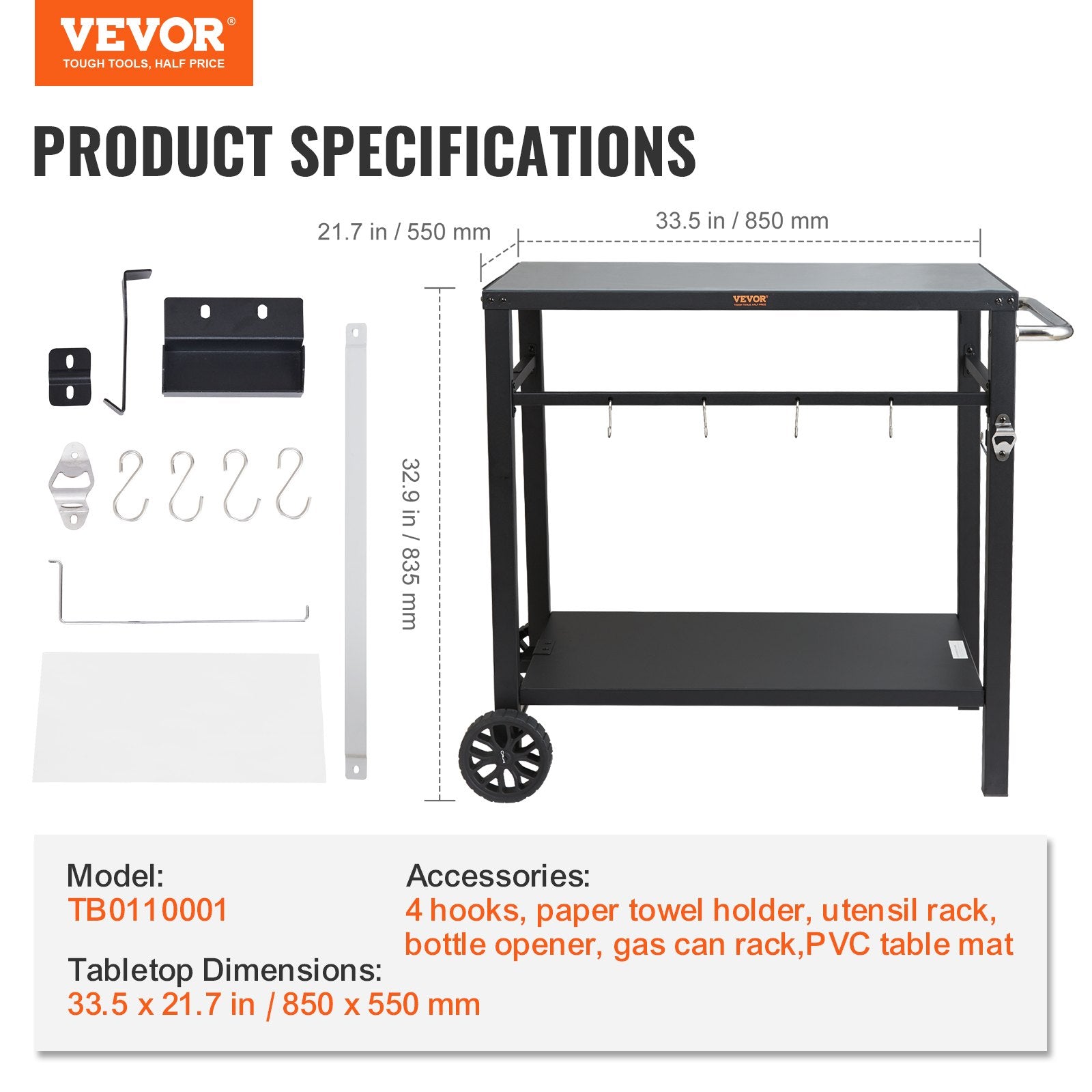 Basketball & Basketball Accessories: VEVOR Outdoor Grill Dining Cart with Double-Shelf,  85*55cm BBQ Movable Food Prep Table, Multifunctional Iron Table Top, Portable Modular Carts for Pizza Oven, Worktable with 2 Wheels, Carry Handle, Black