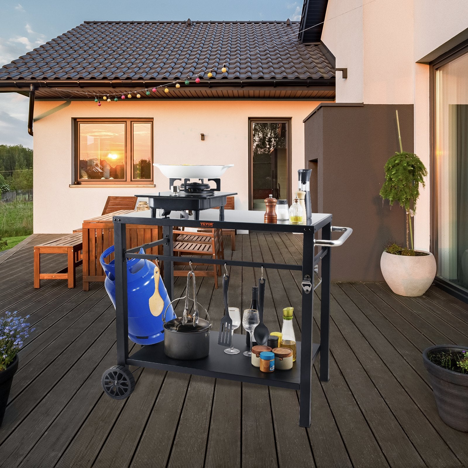 Basketball & Basketball Accessories: VEVOR Outdoor Grill Dining Cart with Double-Shelf,  85*55cm BBQ Movable Food Prep Table, Multifunctional Iron Table Top, Portable Modular Carts for Pizza Oven, Worktable with 2 Wheels, Carry Handle, Black