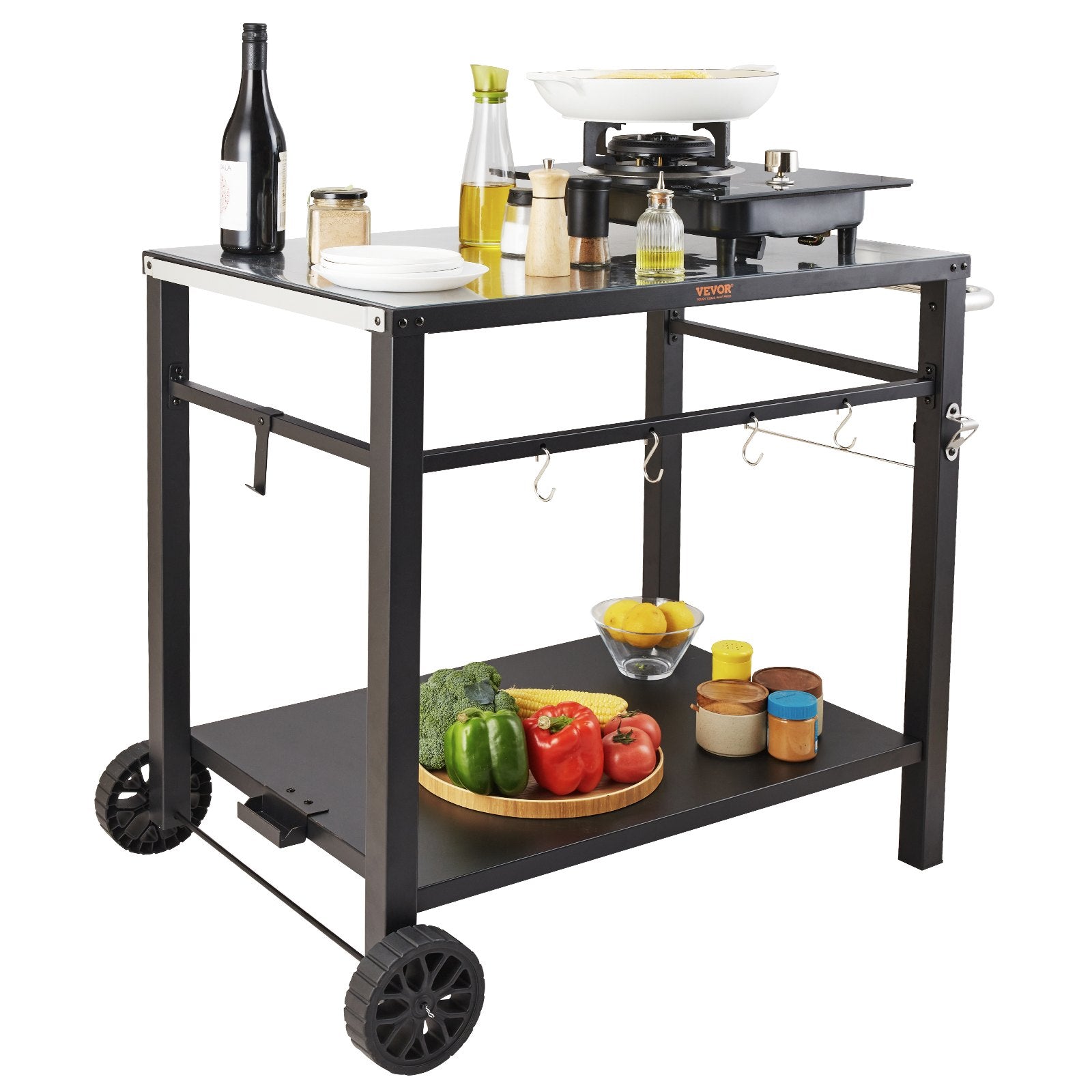 Basketball & Basketball Accessories: VEVOR Outdoor Grill Dining Cart with Double-Shelf,  85*55cm BBQ Movable Food Prep Table, Multifunctional Iron Table Top, Portable Modular Carts for Pizza Oven, Worktable with 2 Wheels, Carry Handle, Black