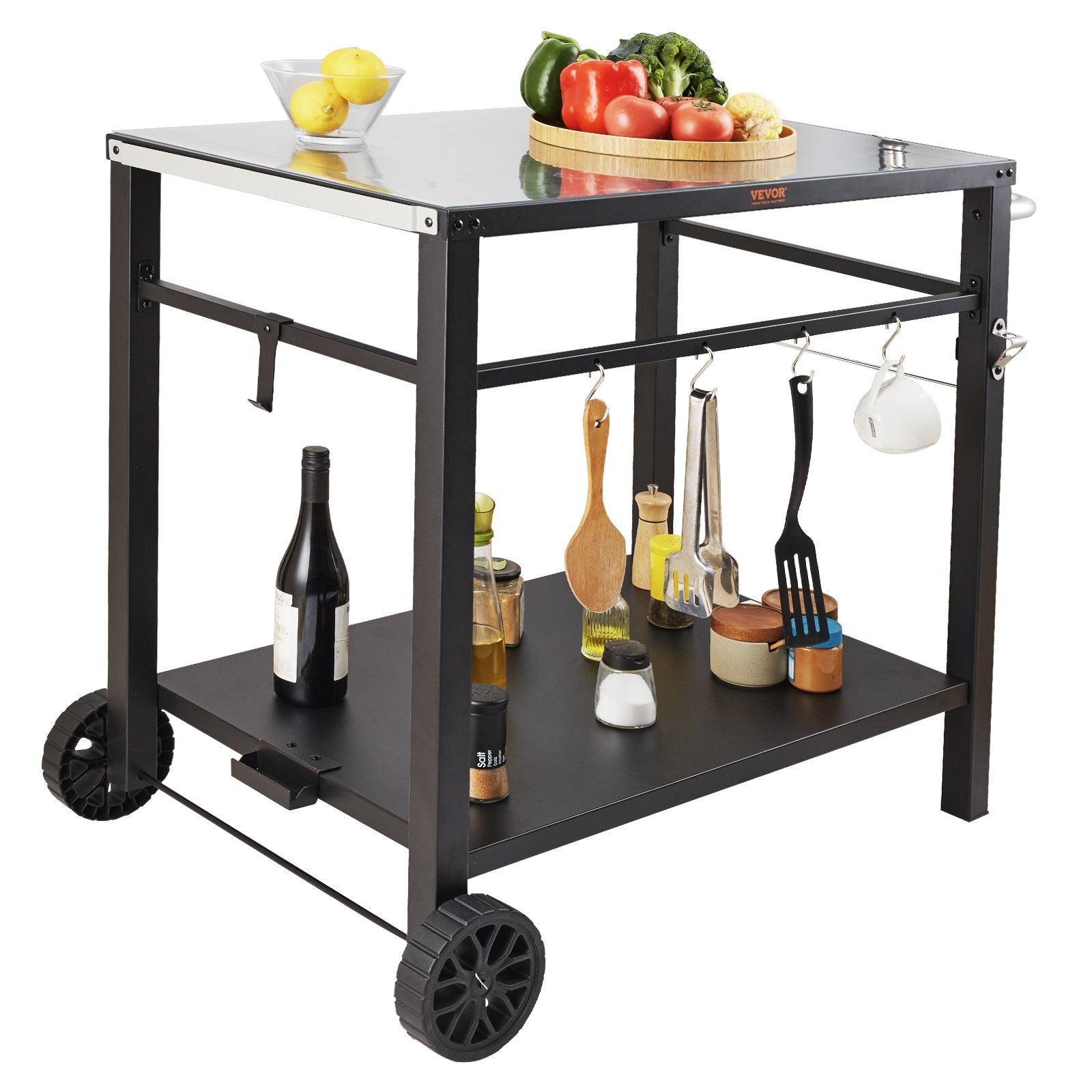 Basketball & Basketball Accessories: VEVOR Outdoor Grill Dining Cart with Double-Shelf,  85*55cm BBQ Movable Food Prep Table, Multifunctional Iron Table Top, Portable Modular Carts for Pizza Oven, Worktable with 2 Wheels, Carry Handle, Black