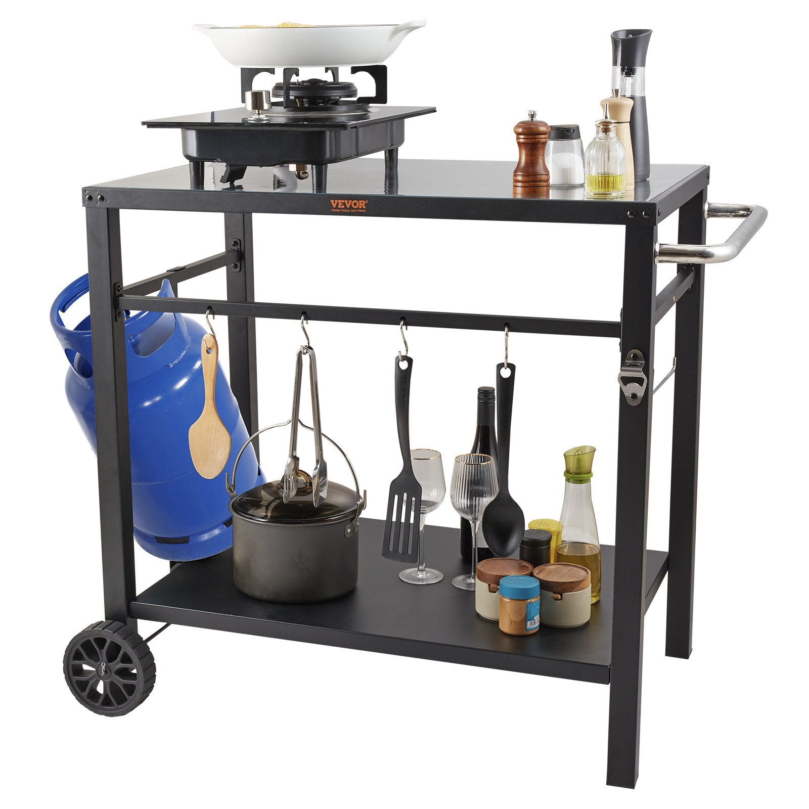 Basketball & Basketball Accessories: VEVOR Outdoor Grill Dining Cart with Double-Shelf,  85*55cm BBQ Movable Food Prep Table, Multifunctional Iron Table Top, Portable Modular Carts for Pizza Oven, Worktable with 2 Wheels, Carry Handle, Black
