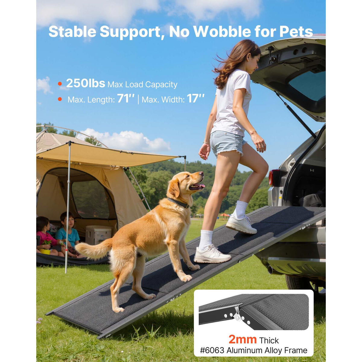 Dog Ramp for Cars, 1800 × 432 mm, Folding Pet Ramps for Medium & Large Dogs up to 113 kg, Pet Stair Ramp with Non-Slip Oxford Fabric Surface, Portable Outdoor Dog Car Ramps for SUV & Truck