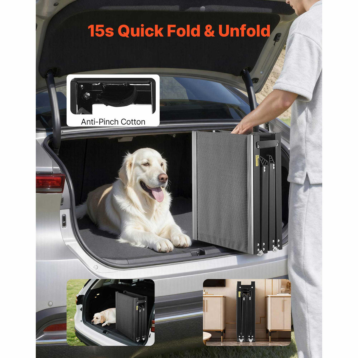 Dog Ramp for Cars, 1800 × 432 mm, Folding Pet Ramps for Medium & Large Dogs up to 113 kg, Pet Stair Ramp with Non-Slip Oxford Fabric Surface, Portable Outdoor Dog Car Ramps for SUV & Truck