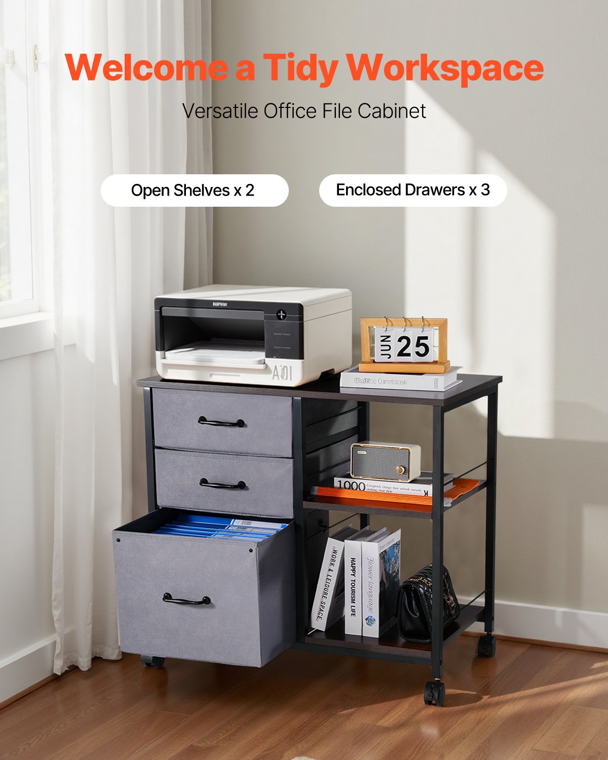 Makeup Organisation & Storage: VEVOR Mobile Metal File Cabinet with 3 Fabric Drawers and 2 Open Shelves Brown
