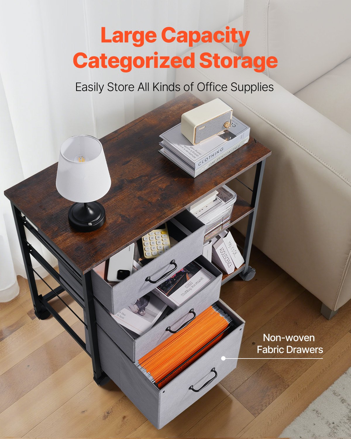 Makeup Organisation & Storage: VEVOR Mobile Metal File Cabinet with 3 Fabric Drawers and 2 Open Shelves Brown